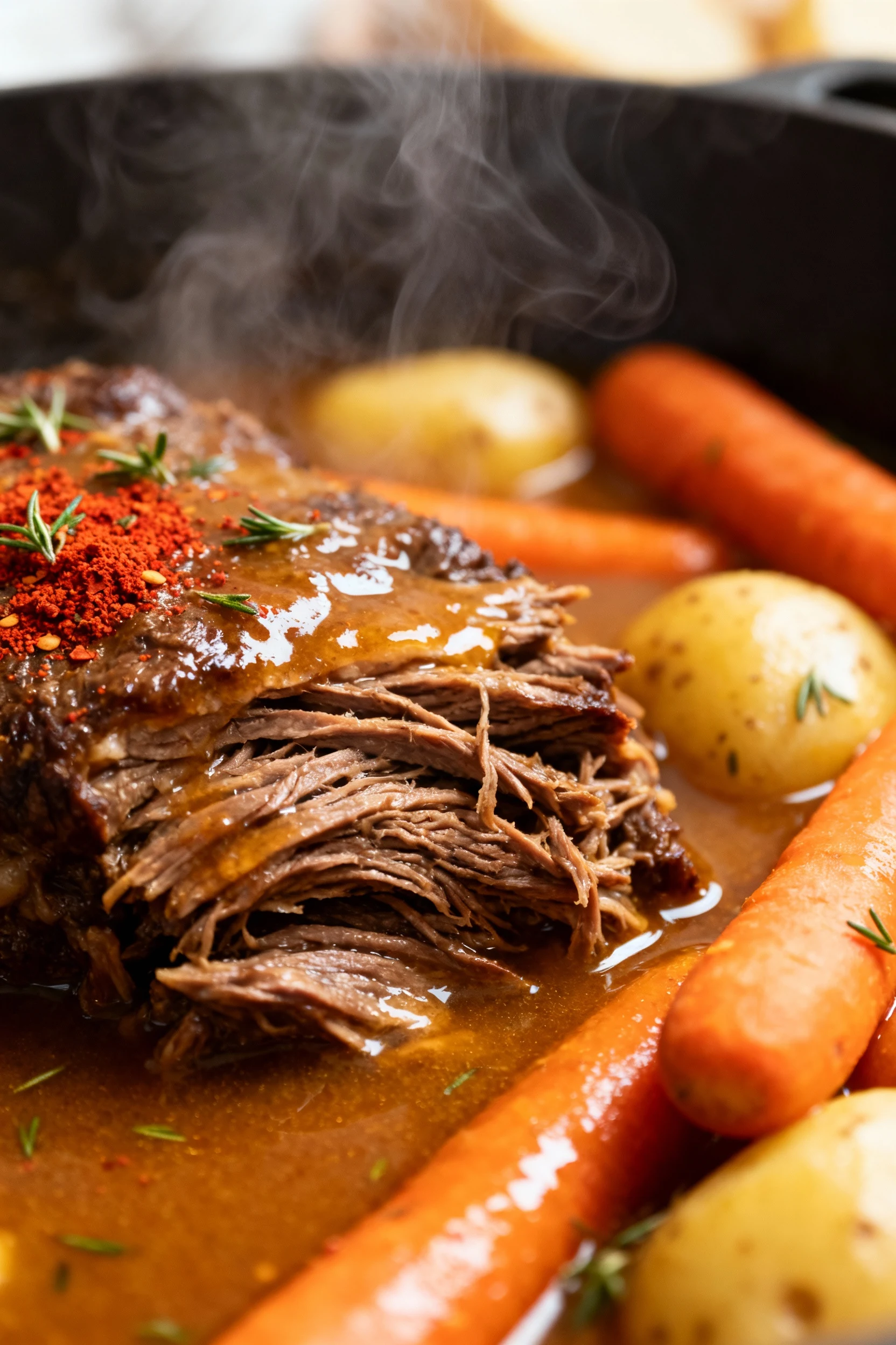 1. Close-up of tender shredded beef chuck roast with glistening, rich broth coating, carrots and potatoes nestled alongs