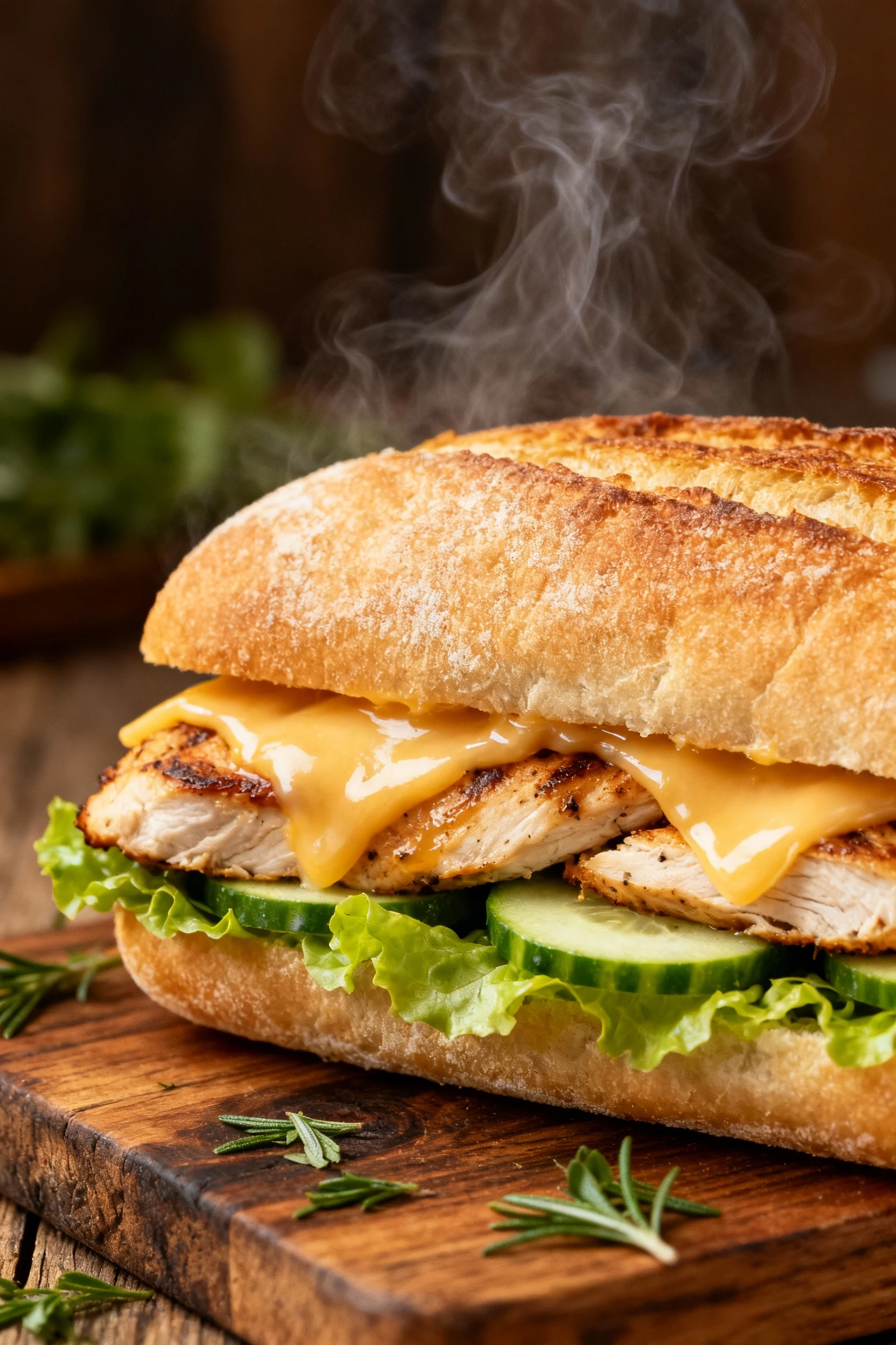 Close-up of a toasted ciabatta sandwich with melted provolone and layers of grilled chicken, crisp lettuce, and thin cuc