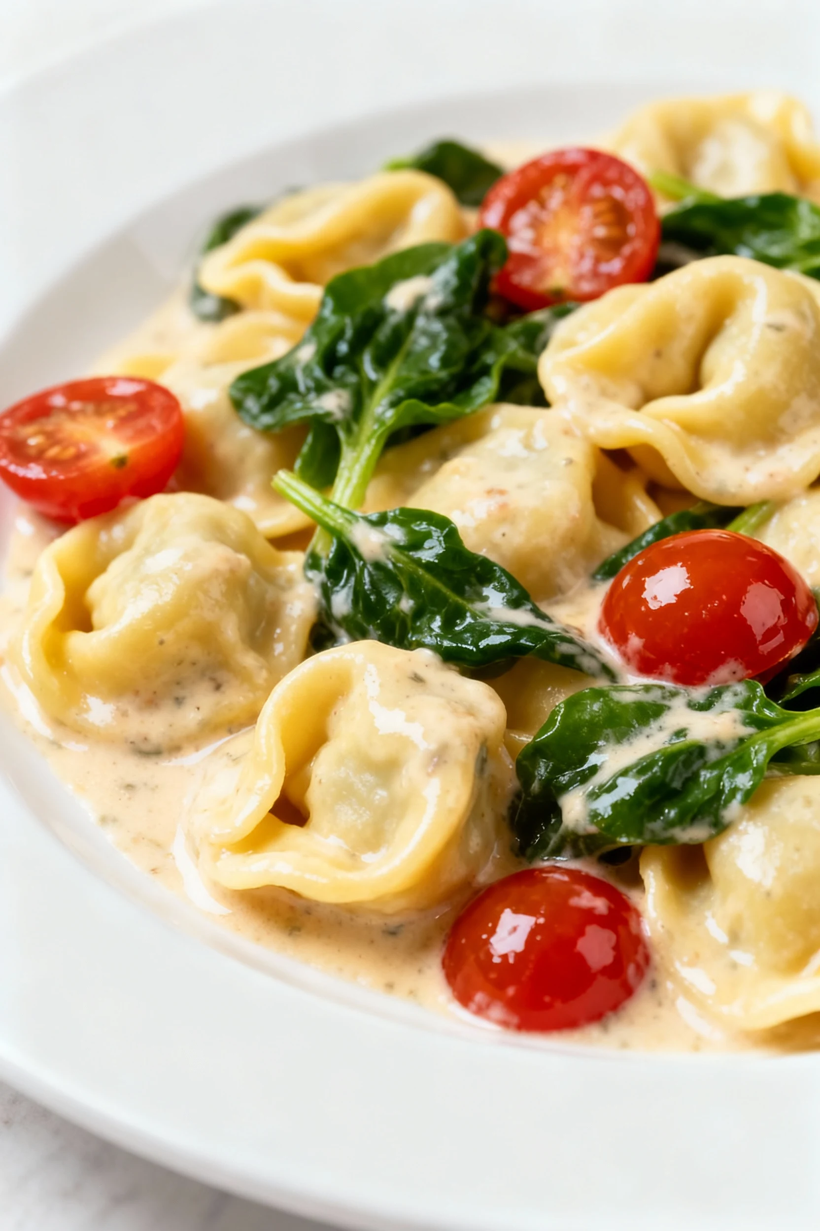 Close-up of freshly cooked cheese-filled tortellini coated in creamy sauce, with wilted spinach leaves and glossy cherry