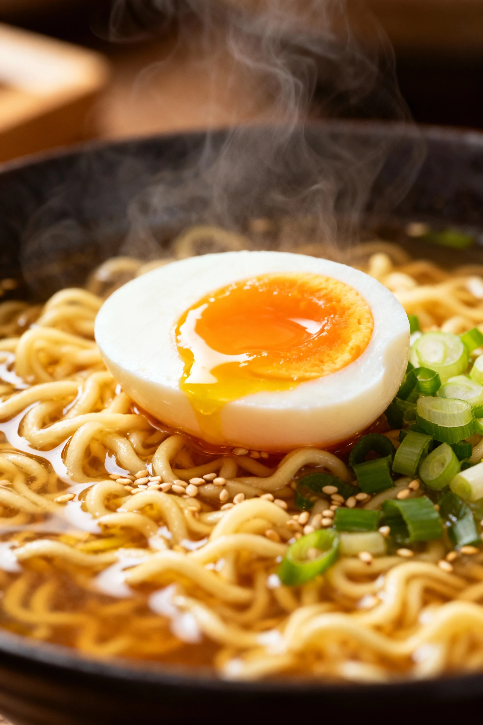 Close-up of soft-boiled egg with perfectly jammy yolk resting atop steaming ramen noodles, garnished with sliced green o