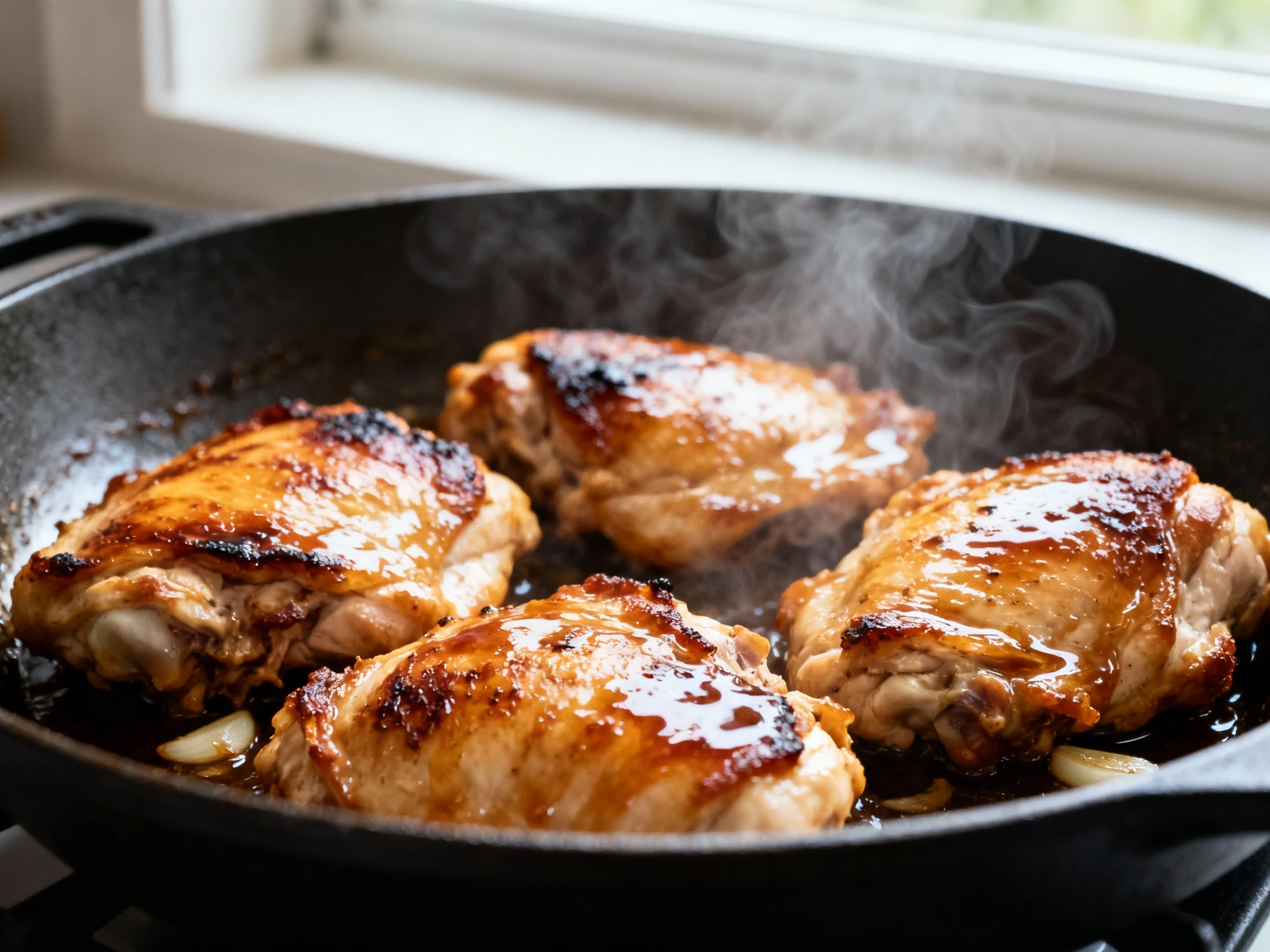 Food photography, Close-up of golden-browned chicken thighs in a skillet, fond and caramelized edges visible, honey–soy–