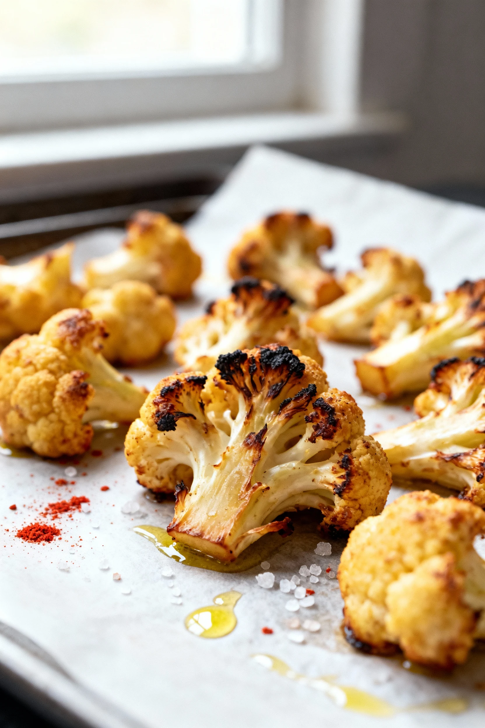 Close-up of roasted cauliflower florets on a parchment-lined sheet pan, deeply caramelized with charred tips, smoked pap