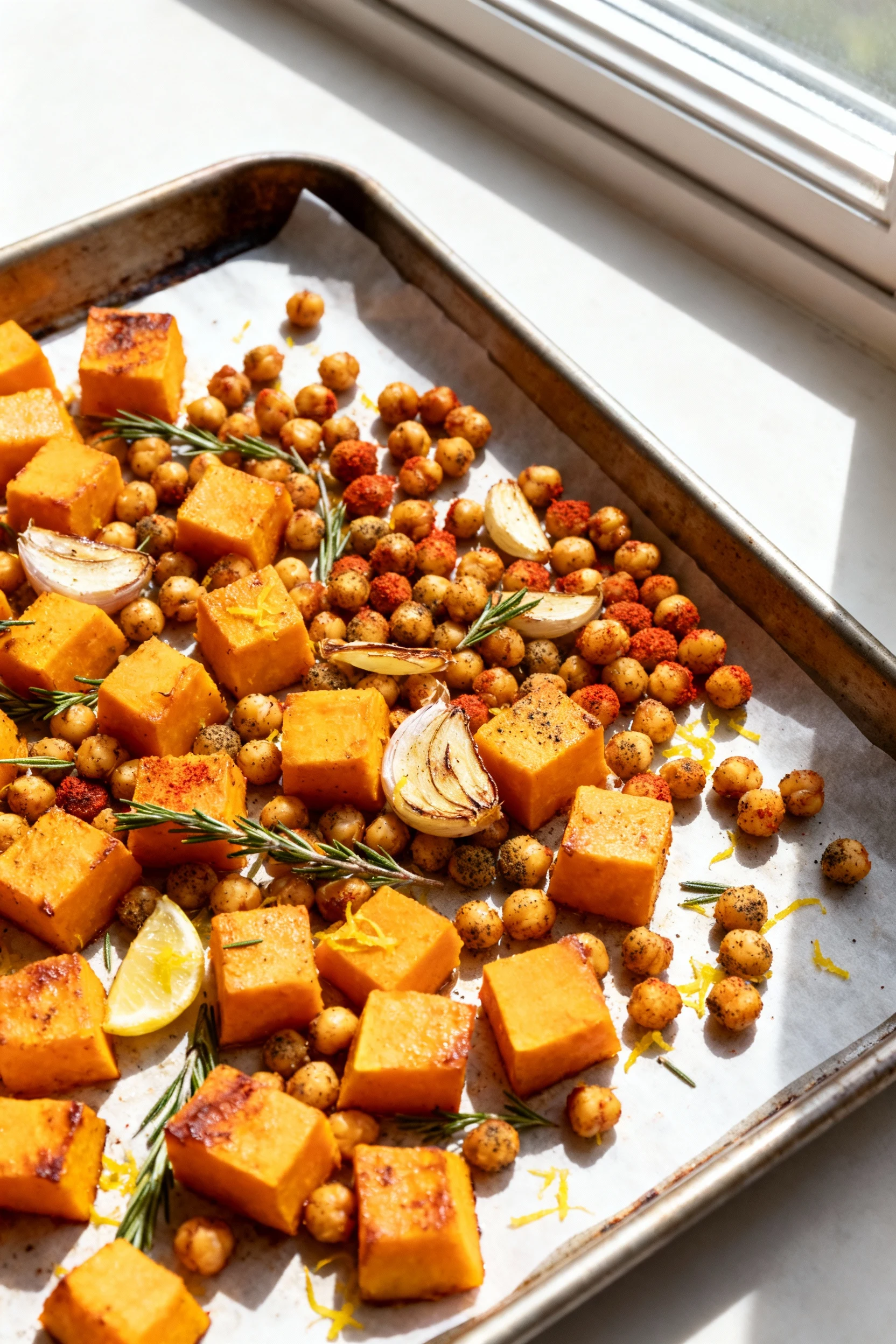 Overhead shot of a parchment-lined rimmed sheet pan just out of a 425°F oven, caramelized 1/2-inch butternut squash cube