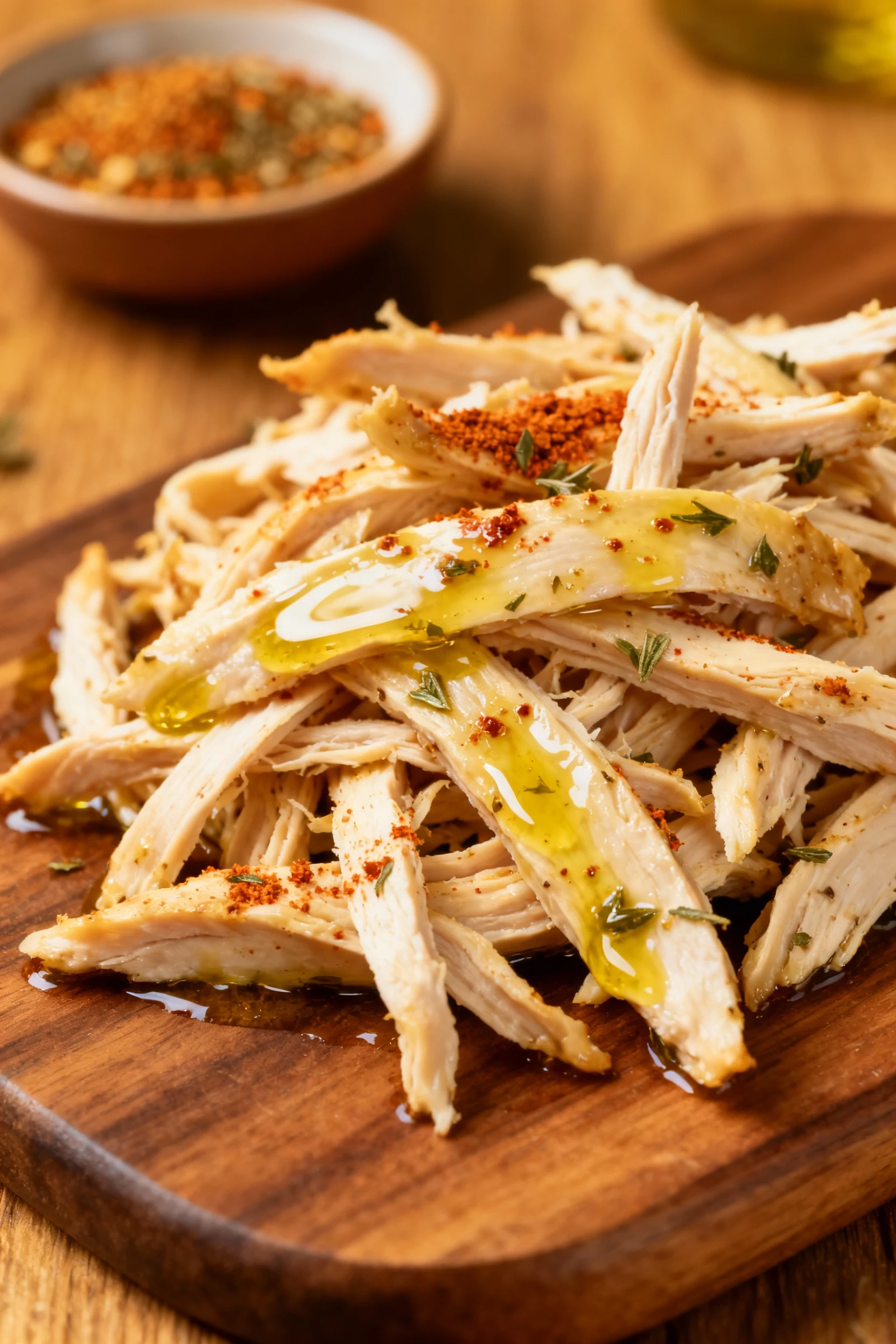Close-up of freshly shredded chicken strands glistening with olive oil, flecks of smoked paprika and oregano visible, sh