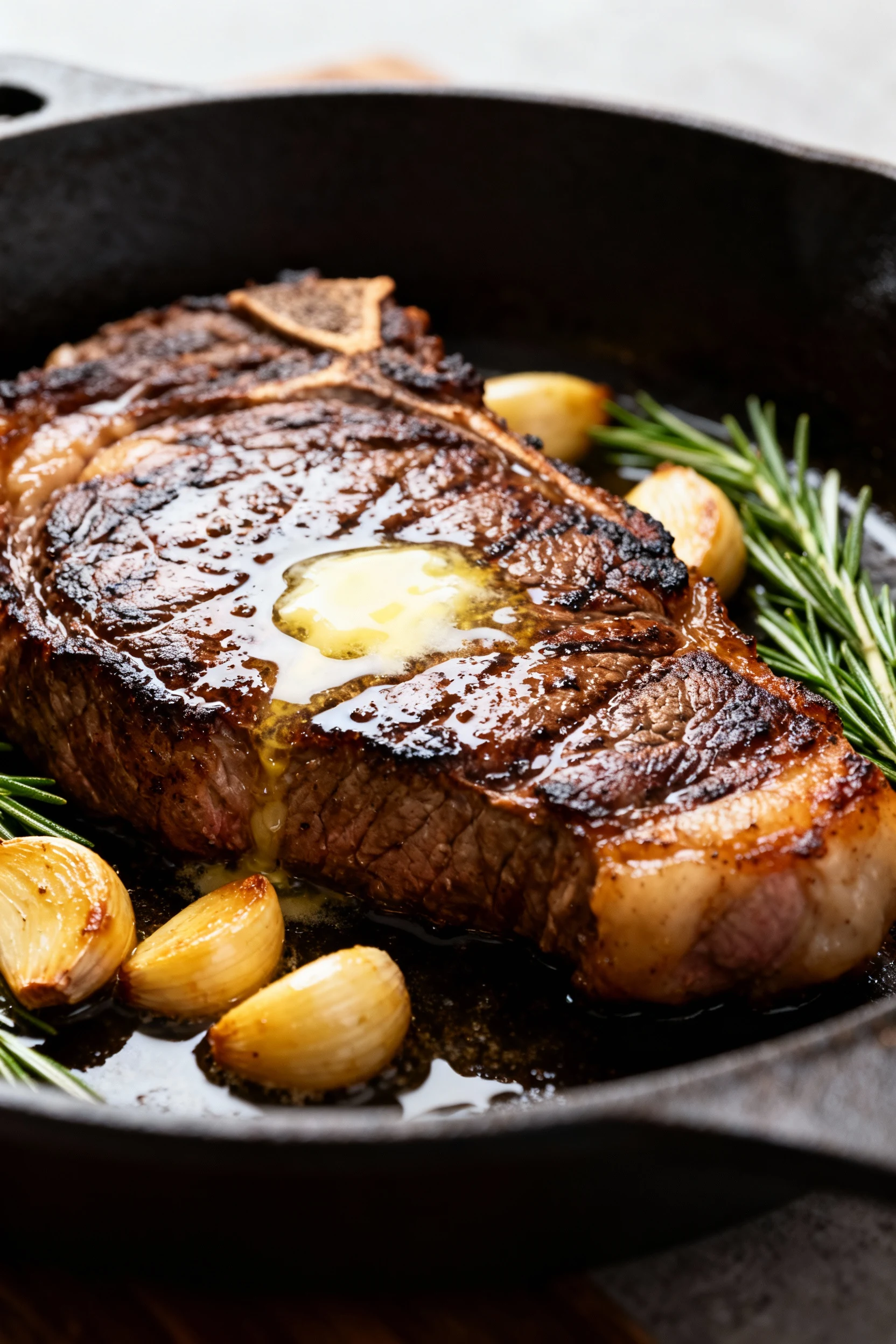 Close-up of a perfectly seared ribeye steak in a cast iron skillet, glistening with melted butter, golden garlic cloves,