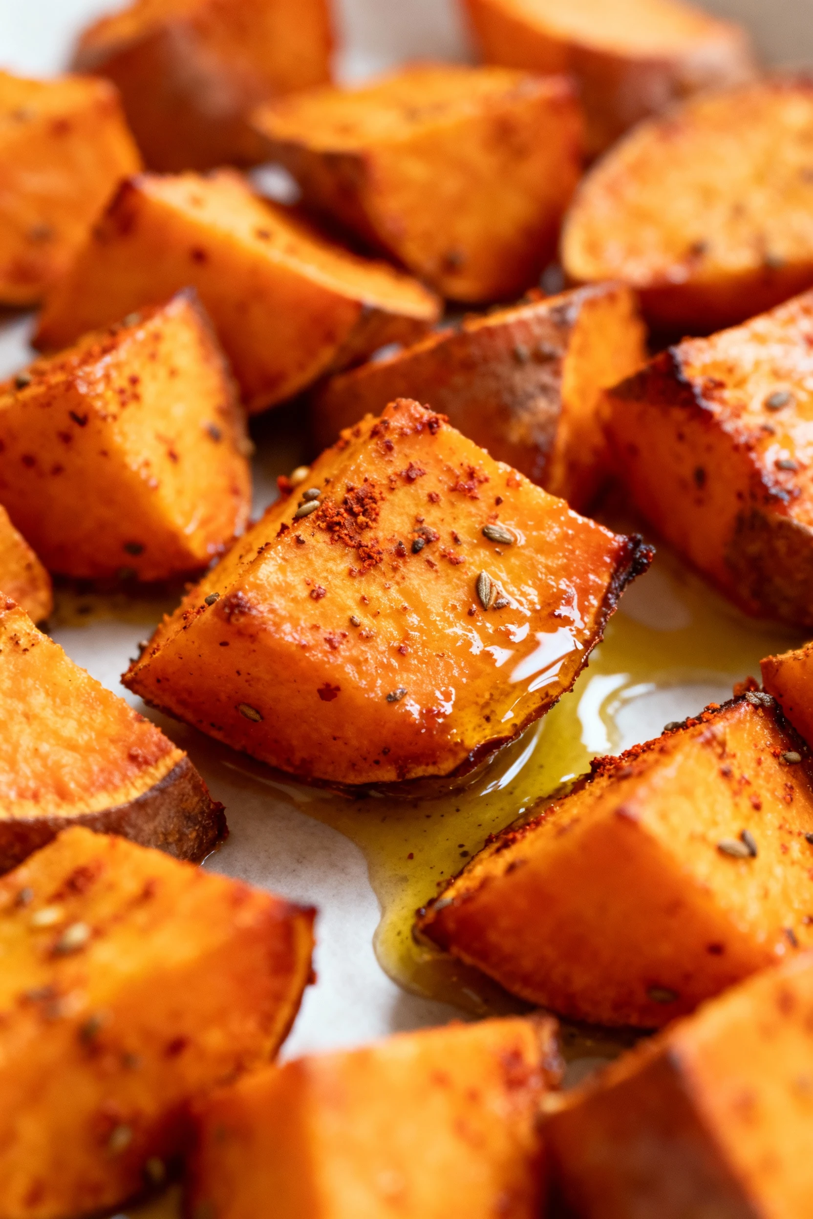 Close-up of roasted sweet potato cubes seasoned with smoked paprika and cumin, crispy golden-brown edges glistening with