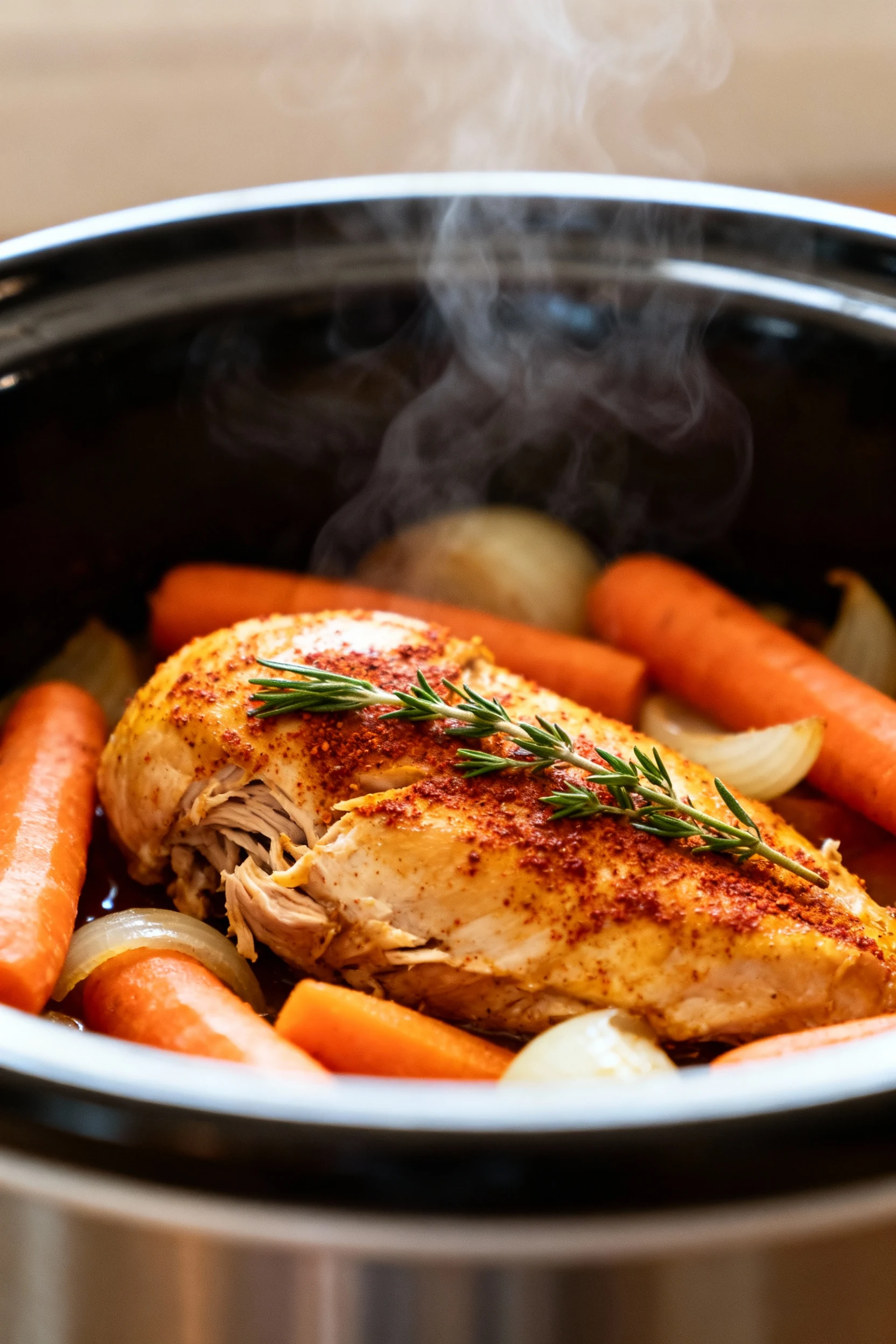 Close-up of fork-tender crockpot chicken breast coated in paprika and fresh thyme, nestled among tender carrots and onio