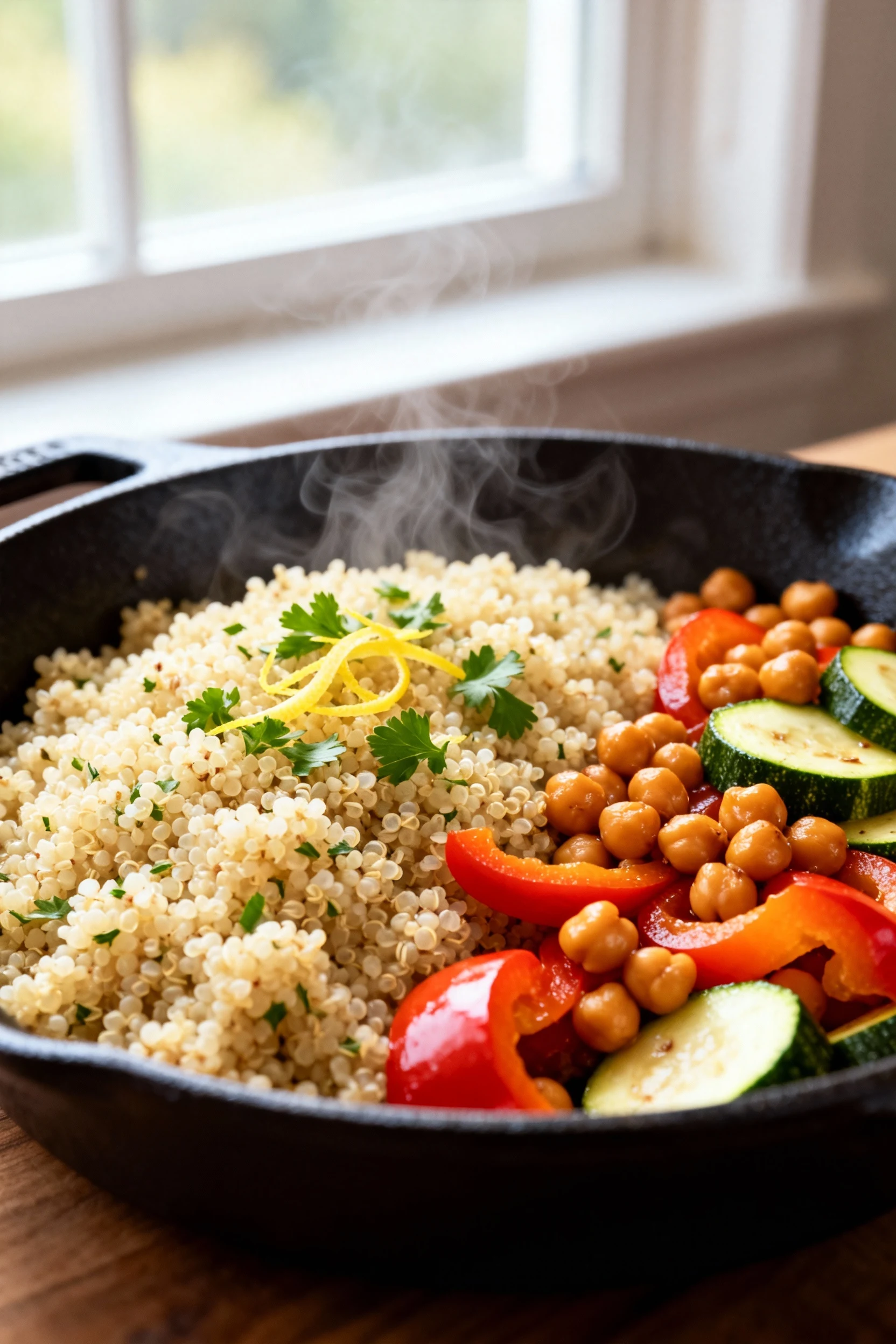 1. Close-up of fluffy lemon-herb quinoa in a cast-iron skillet, distinct grains with steam, sautéed bell pepper, zucchin