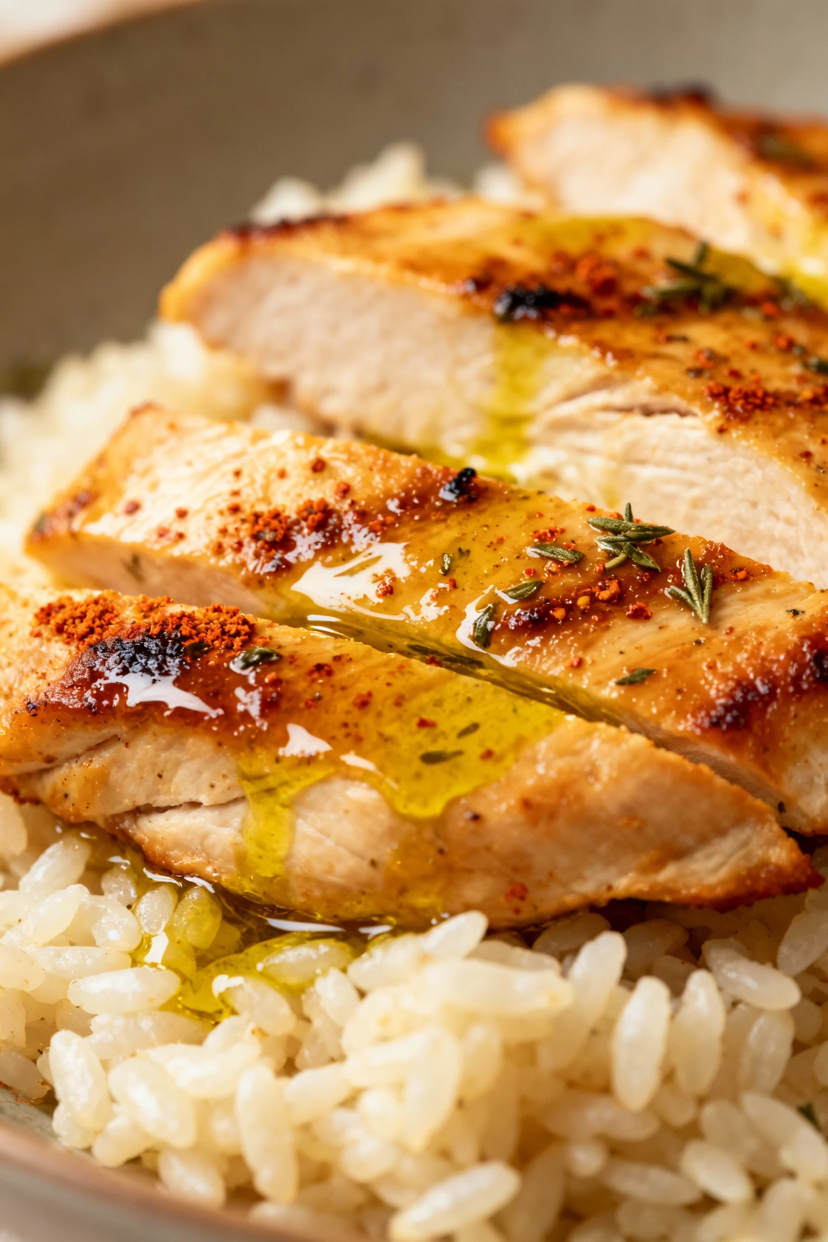 Close-up of golden-seared boneless chicken breast strips glistening with olive oil, sprinkled with paprika and oregano, 