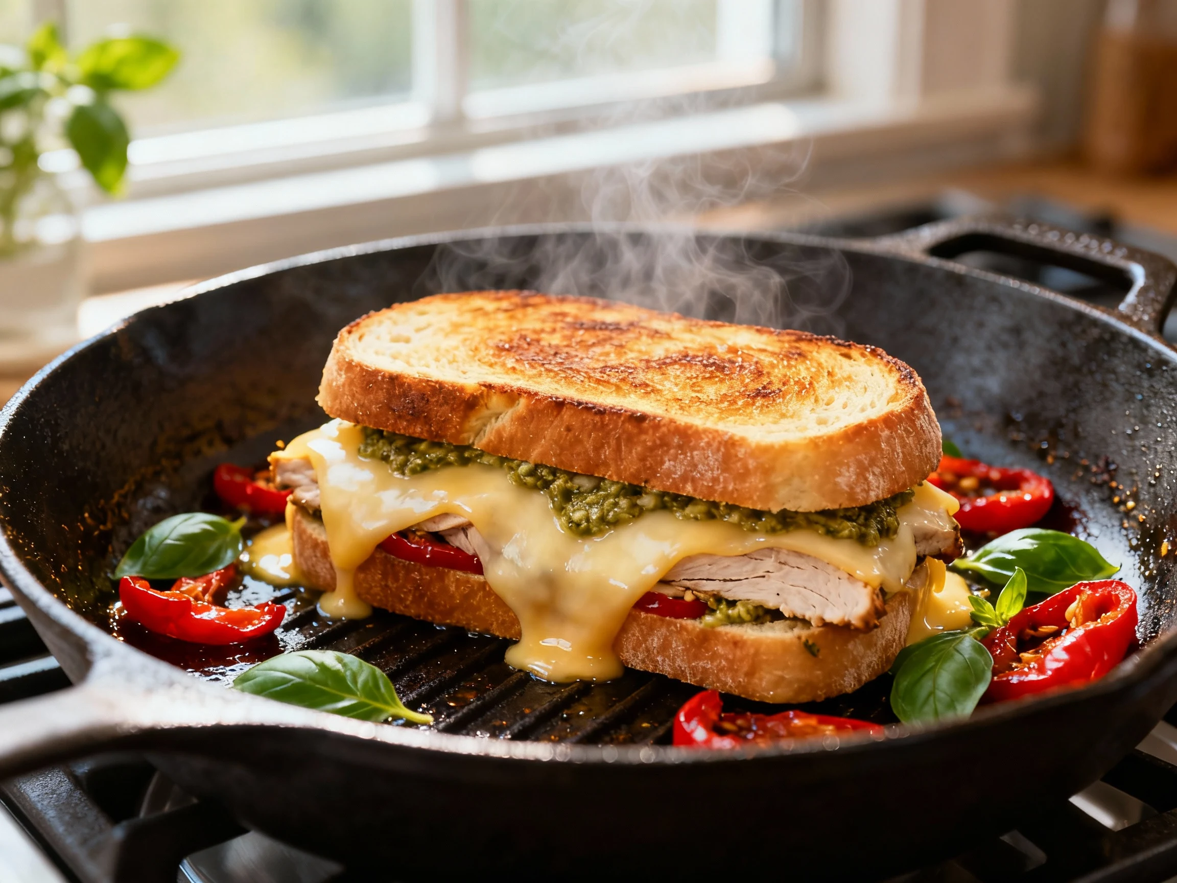 Food photography, Cooking process: Turkey pesto provolone melt being griddled in a buttered cast-iron skillet, toasted c
