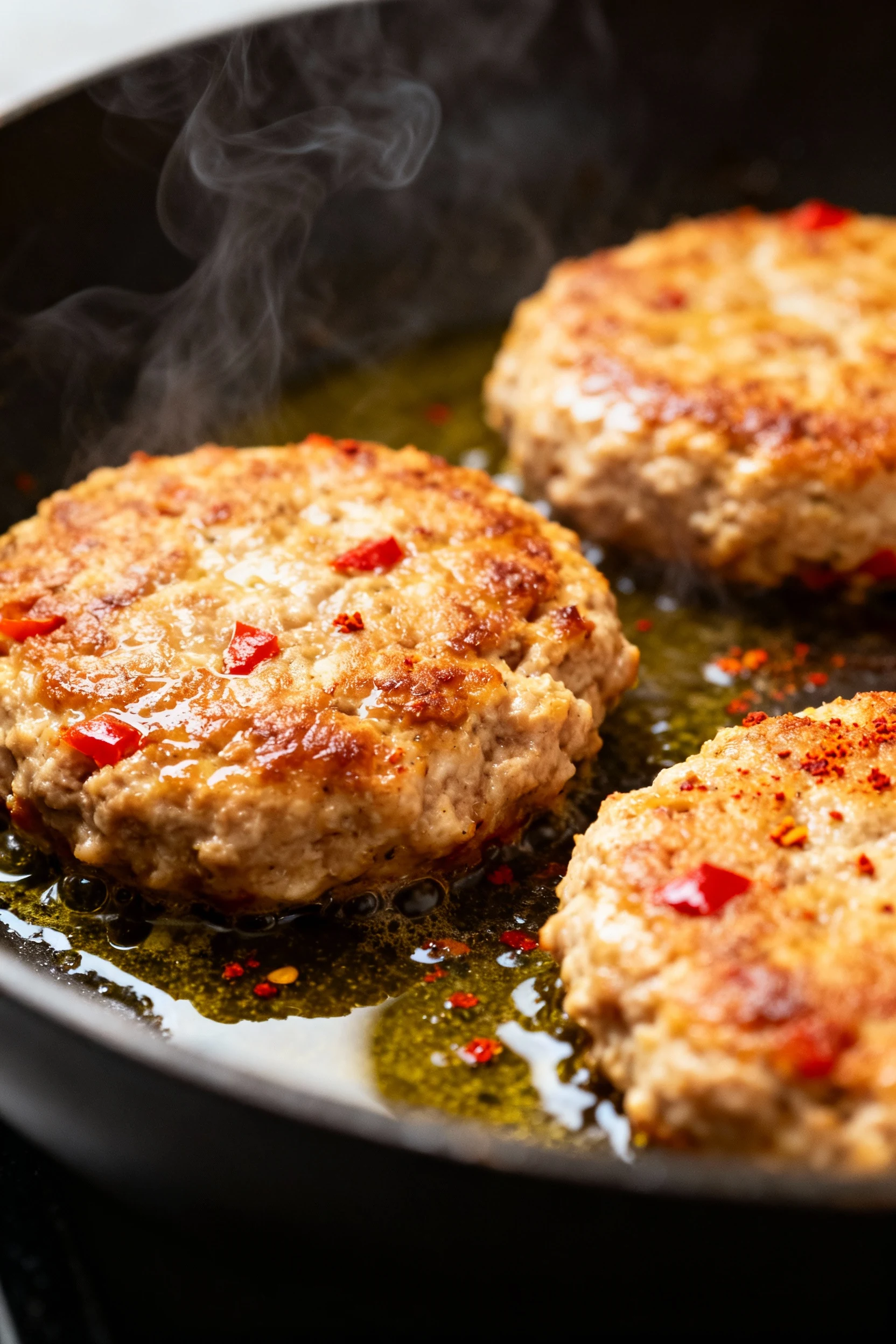 1. Close-up of golden-brown ground chicken patties sizzling in a skillet, glistening with olive oil, flecks of red bell 