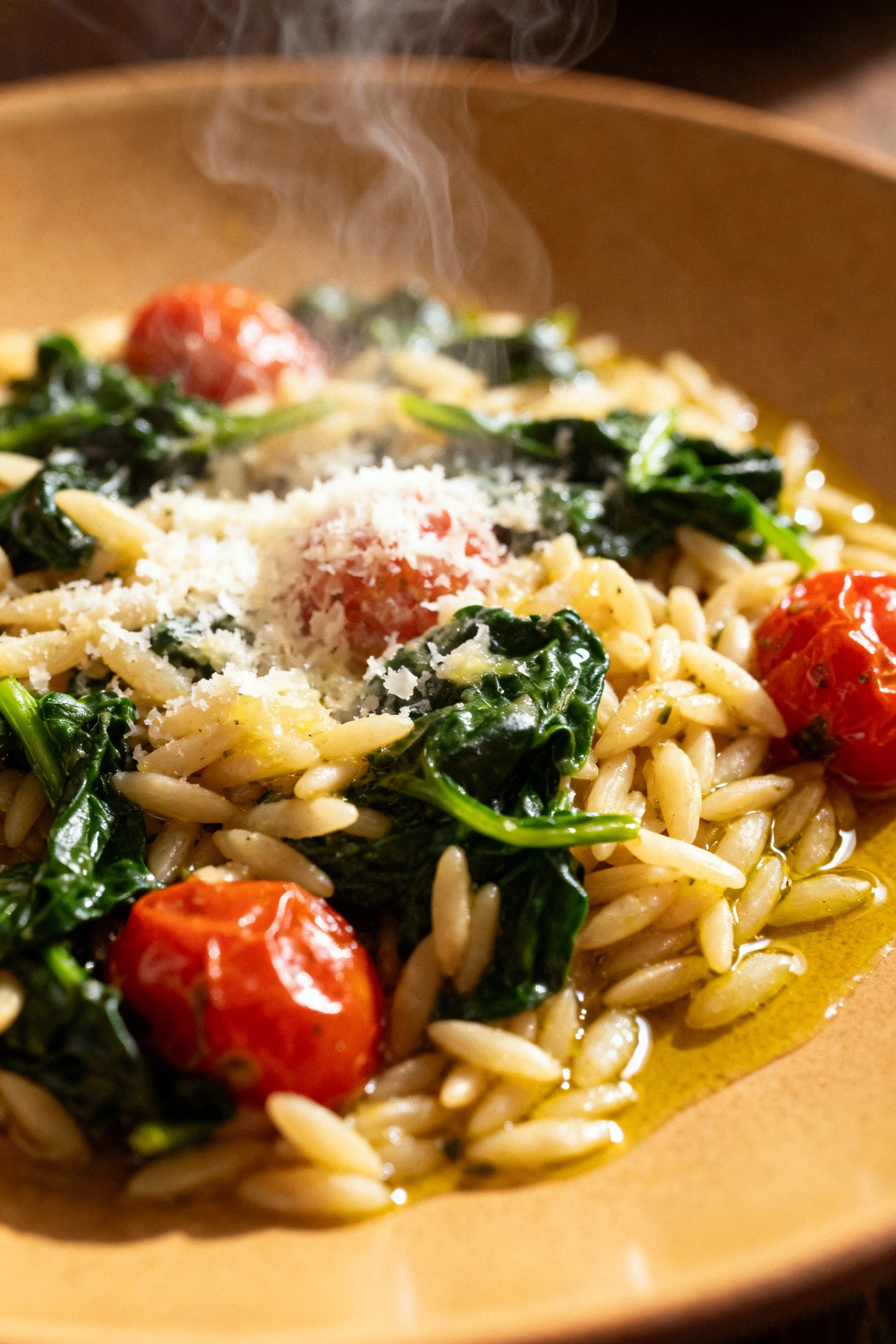 Close-up of tender, steaming orzo mixed with wilted spinach and softened cherry tomatoes, Parmesan gently melting throug