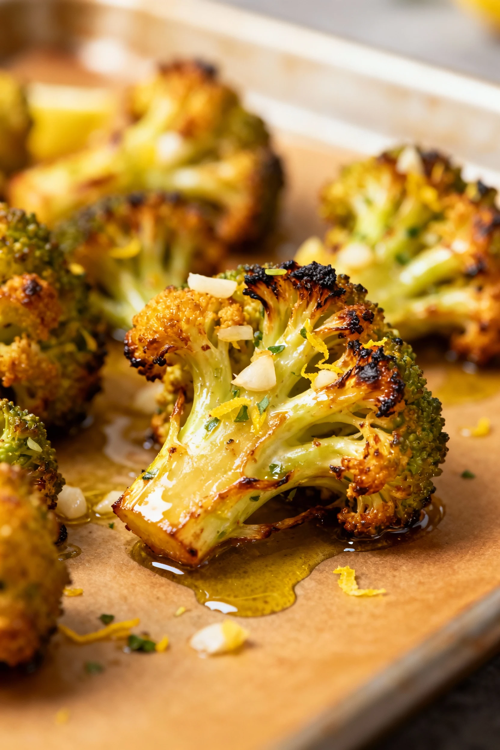 Close-up of golden-brown roasted broccoli florets glistening with olive oil, speckled with minced garlic and lemon zest,