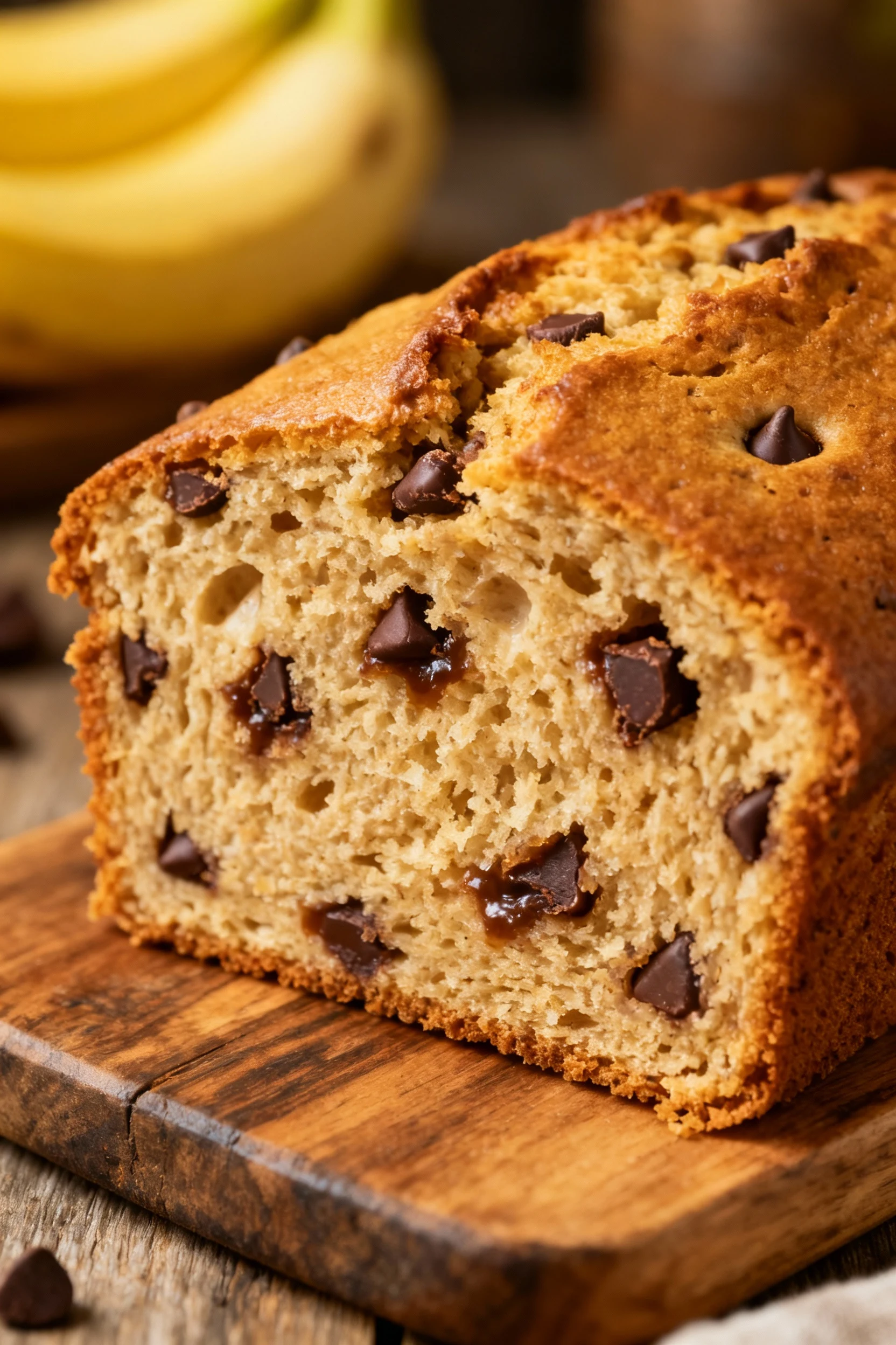 Close-up of a freshly baked banana bread slice showing moist crumb texture and pockets of melted chocolate chips, warm g
