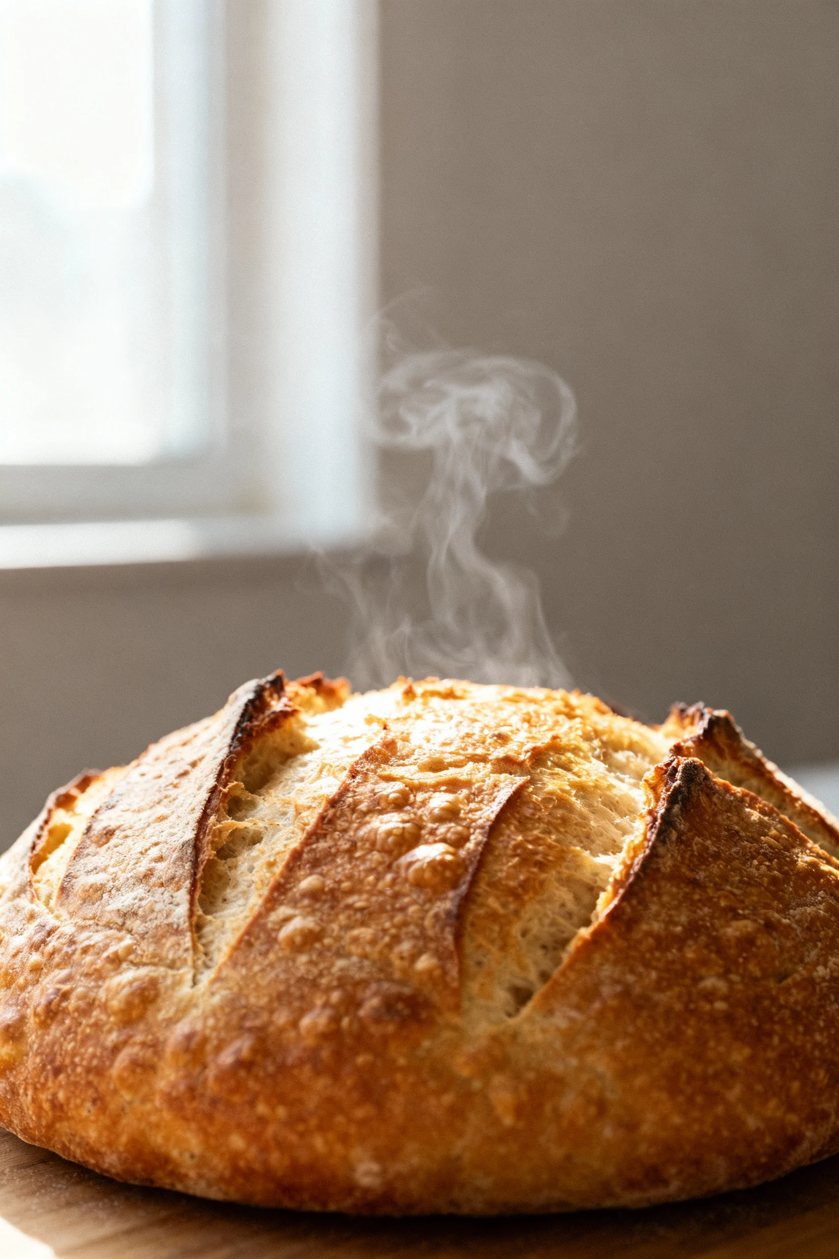 Close-up of freshly baked sourdough loaf with golden blistered crust, deep scoring patterns, and crisp texture, steam ri