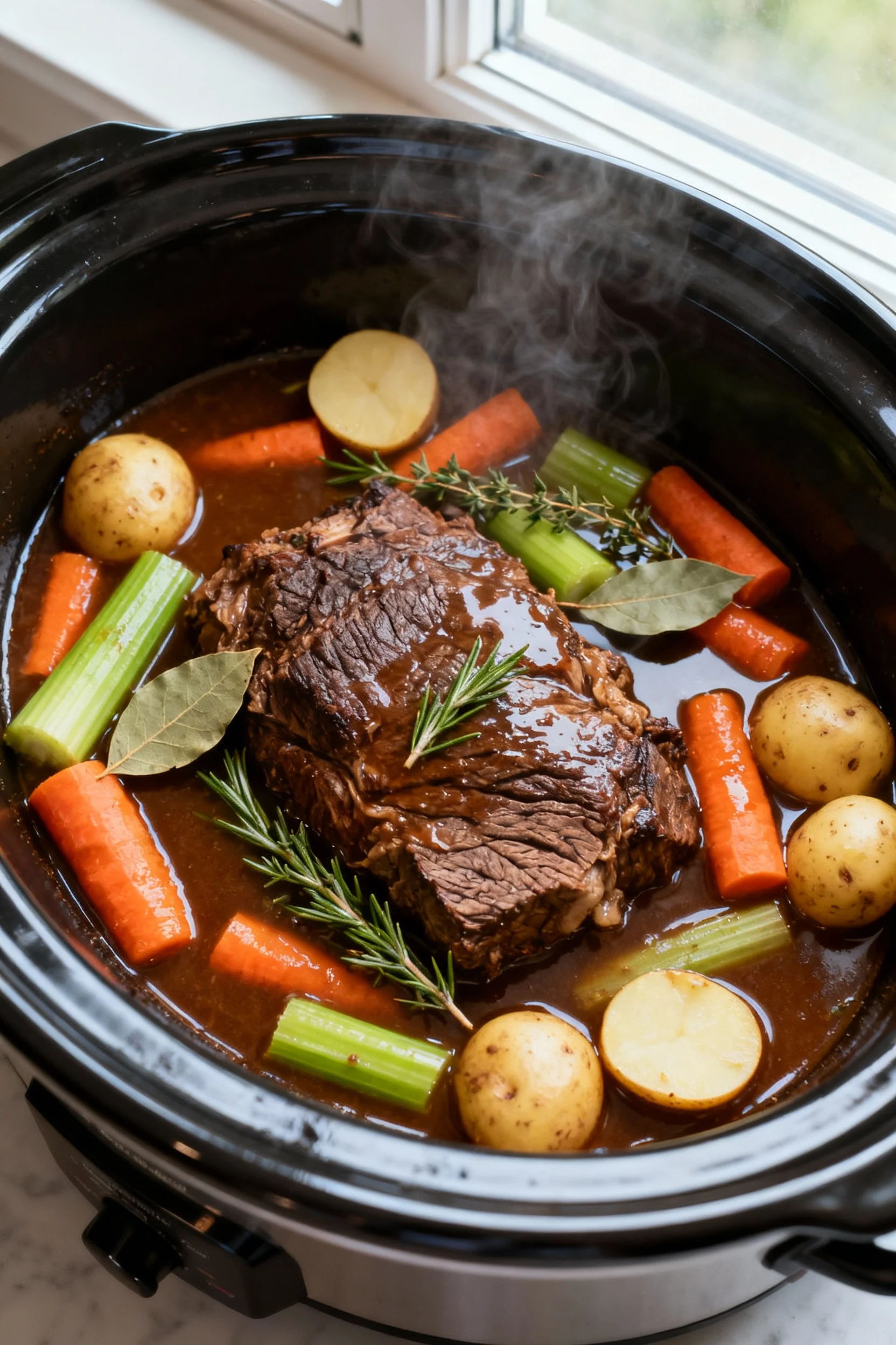 Cooking process: Overhead shot of the slow cooker insert filled with fully cooked pot roast nestled among chunky carrots