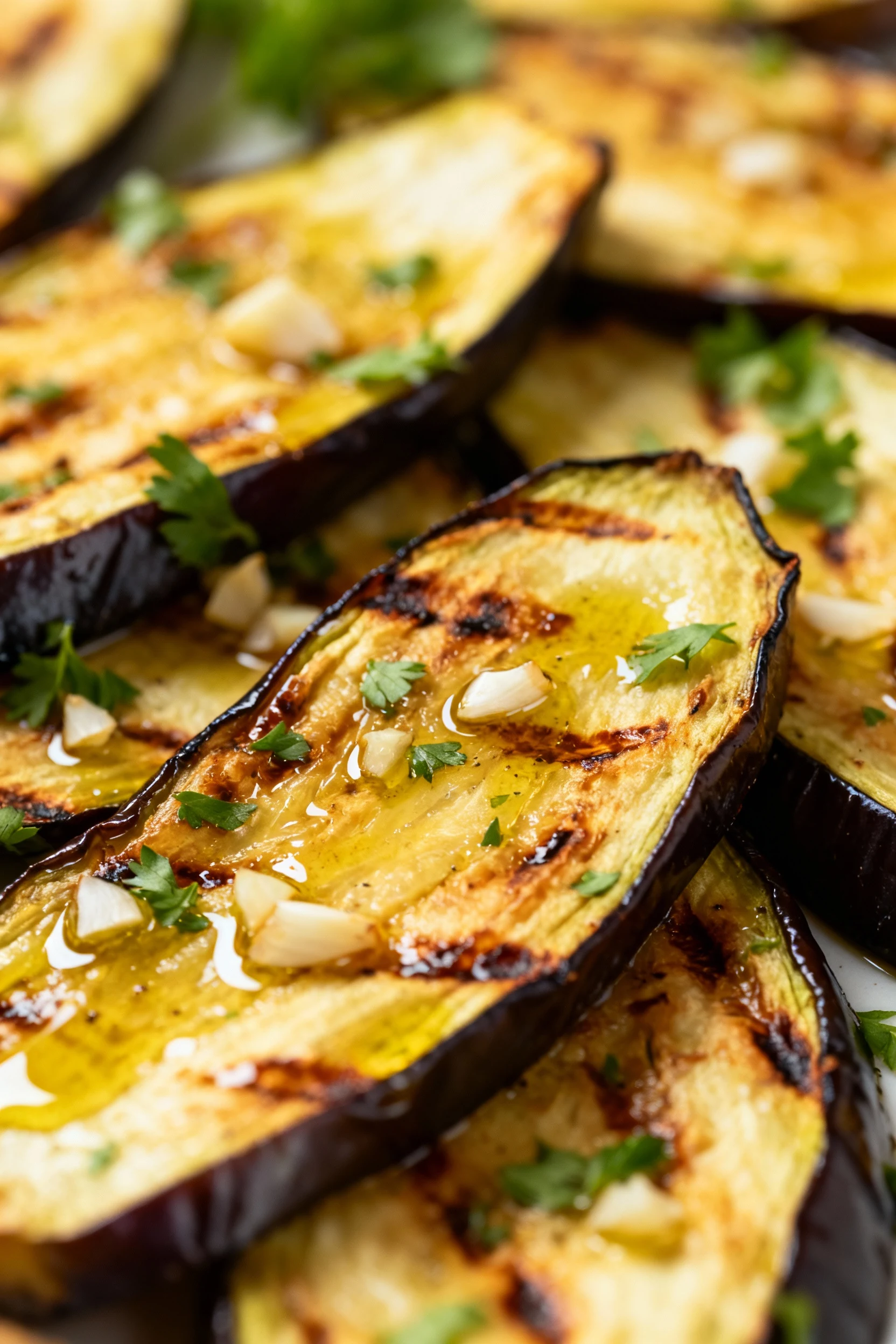 Close-up detail of golden-brown grilled eggplant slices with caramelized edges and glistening olive oil sheen, speckled 