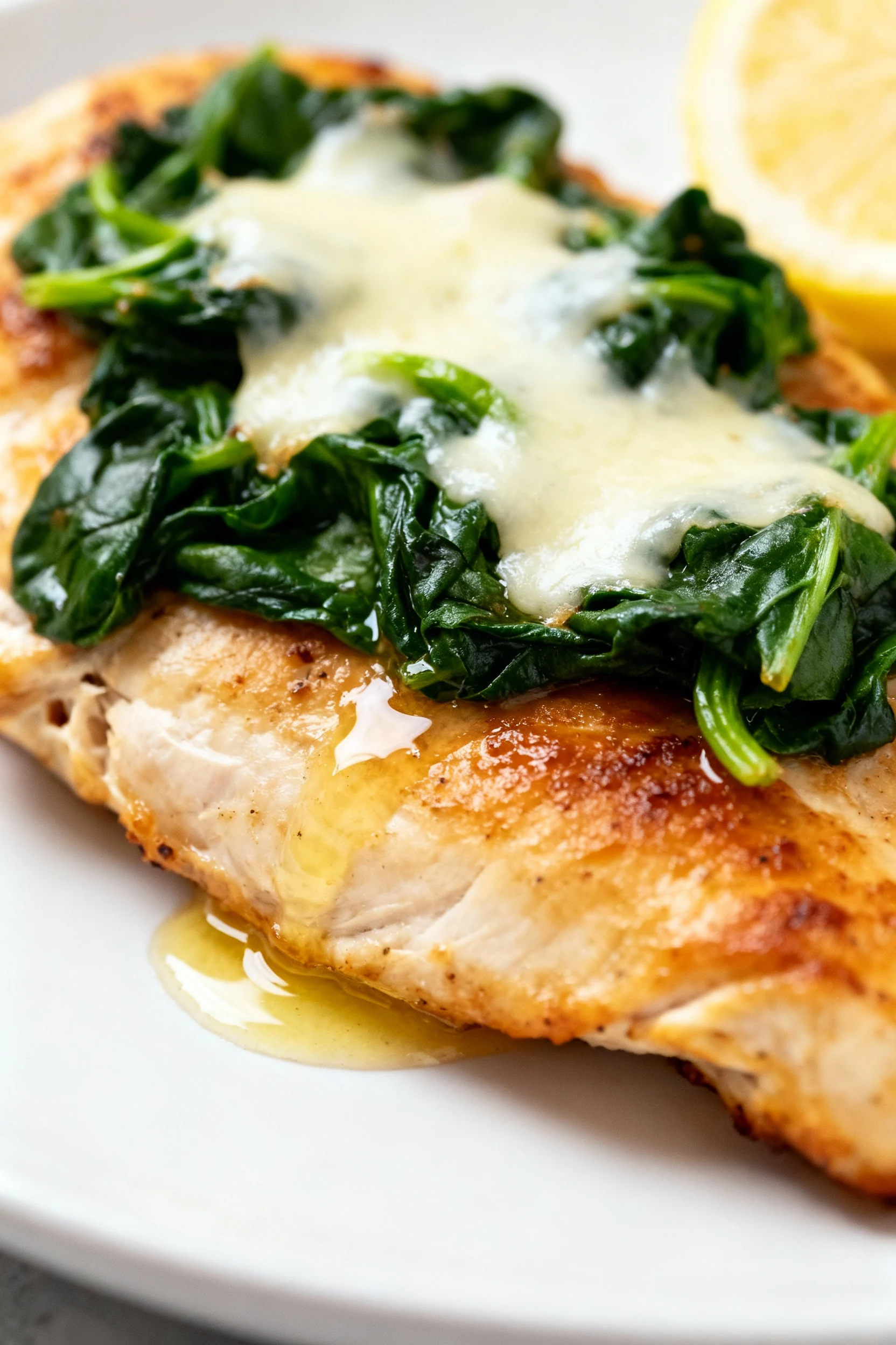 Close-up detail shot of golden-brown baked chicken breast topped with wilted spinach and melted low-fat mozzarella, lemo