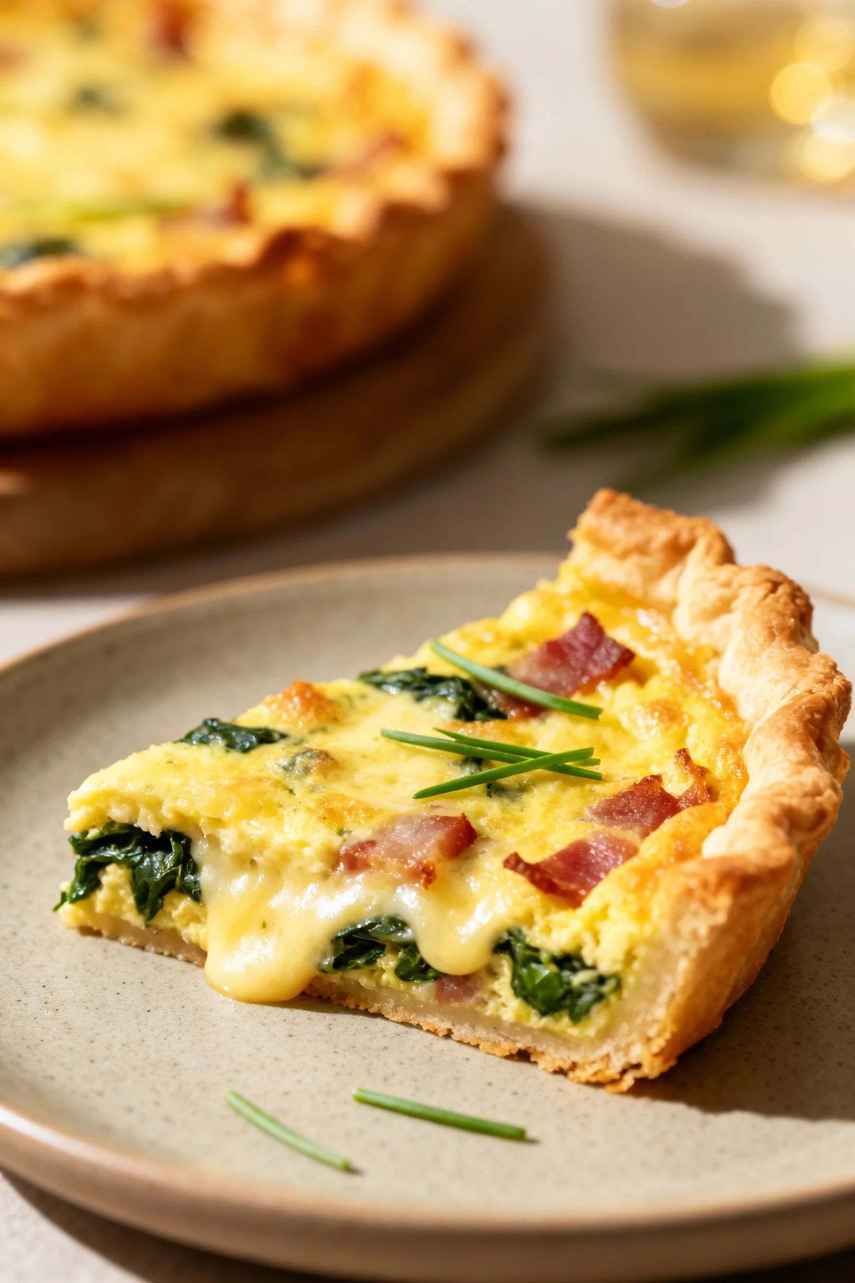 1. Close-up of a freshly baked quiche slice showcasing its golden flaky crust, velvety egg custard interior with melted 