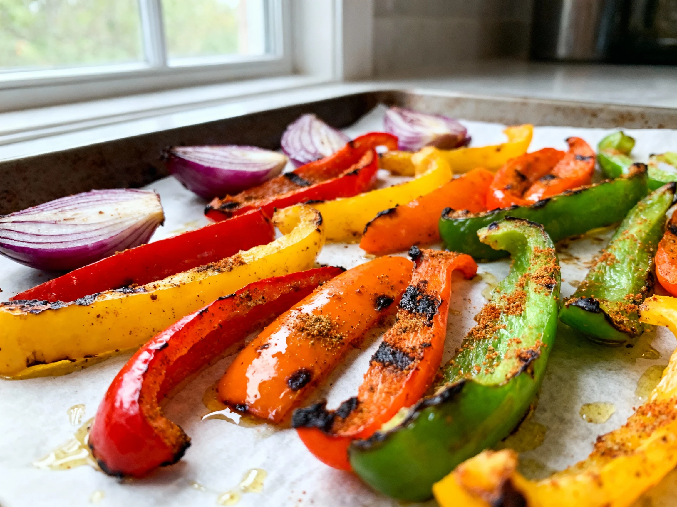 Food photography, 1. Close-up of roasted bell pepper strips (red, yellow, orange, green) and red onion wedges on a parch
