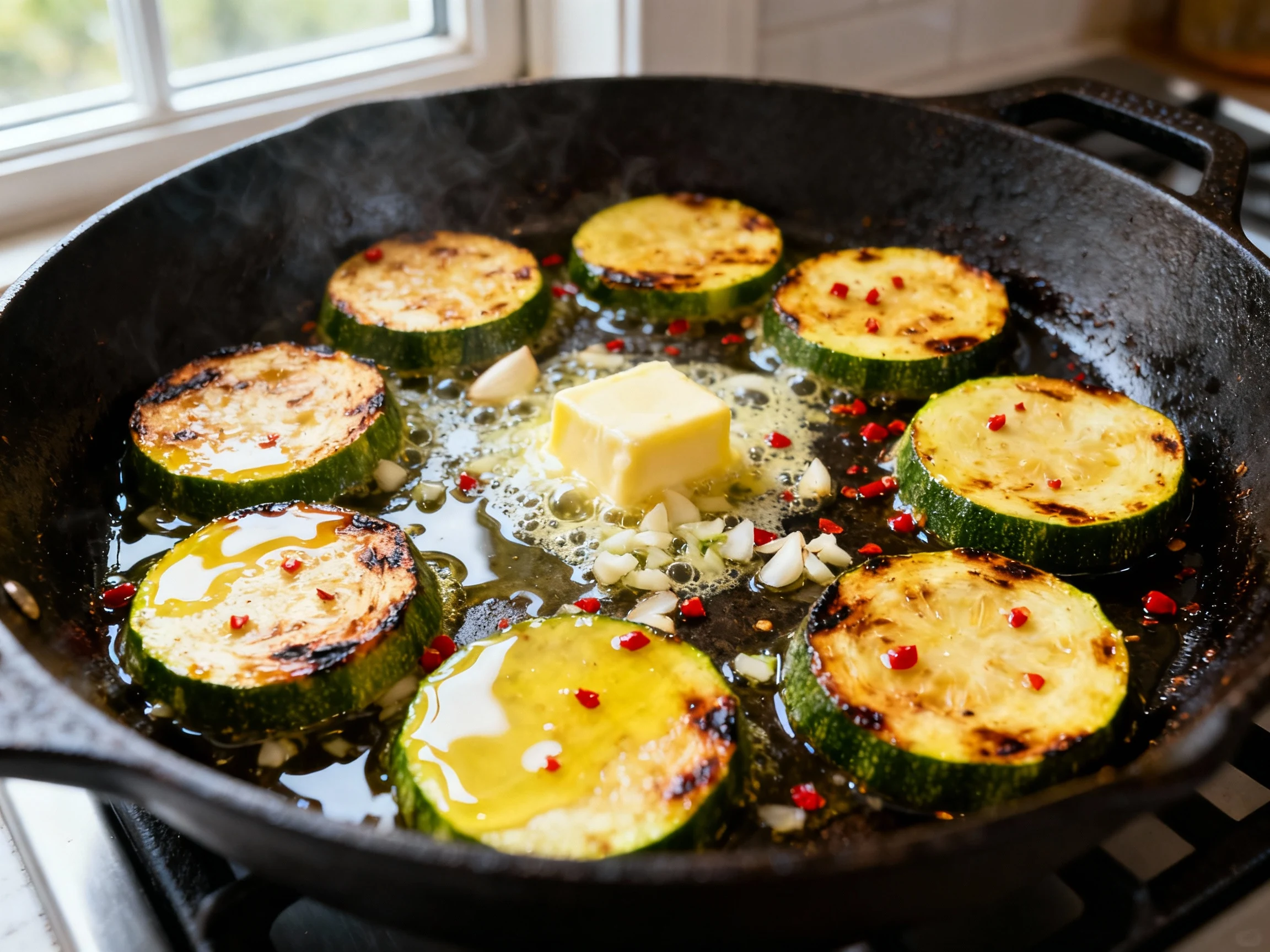 Food photography, Cooking process: summer squash rounds searing in a cast-iron skillet in a single layer over medium-hig