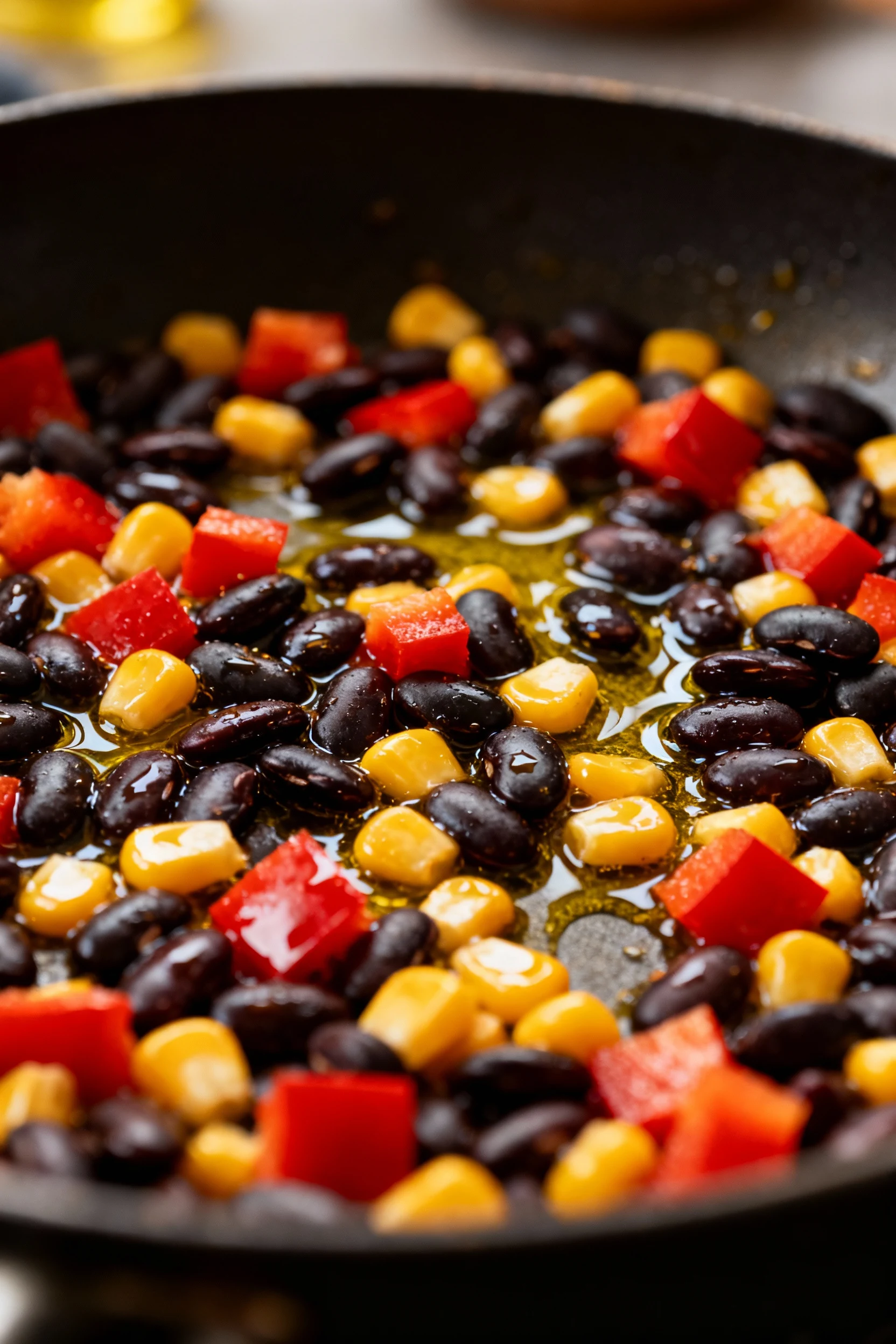 Close-up of sizzling black beans, corn, and diced red bell peppers in a skillet, glistening with olive oil, vibrant colo