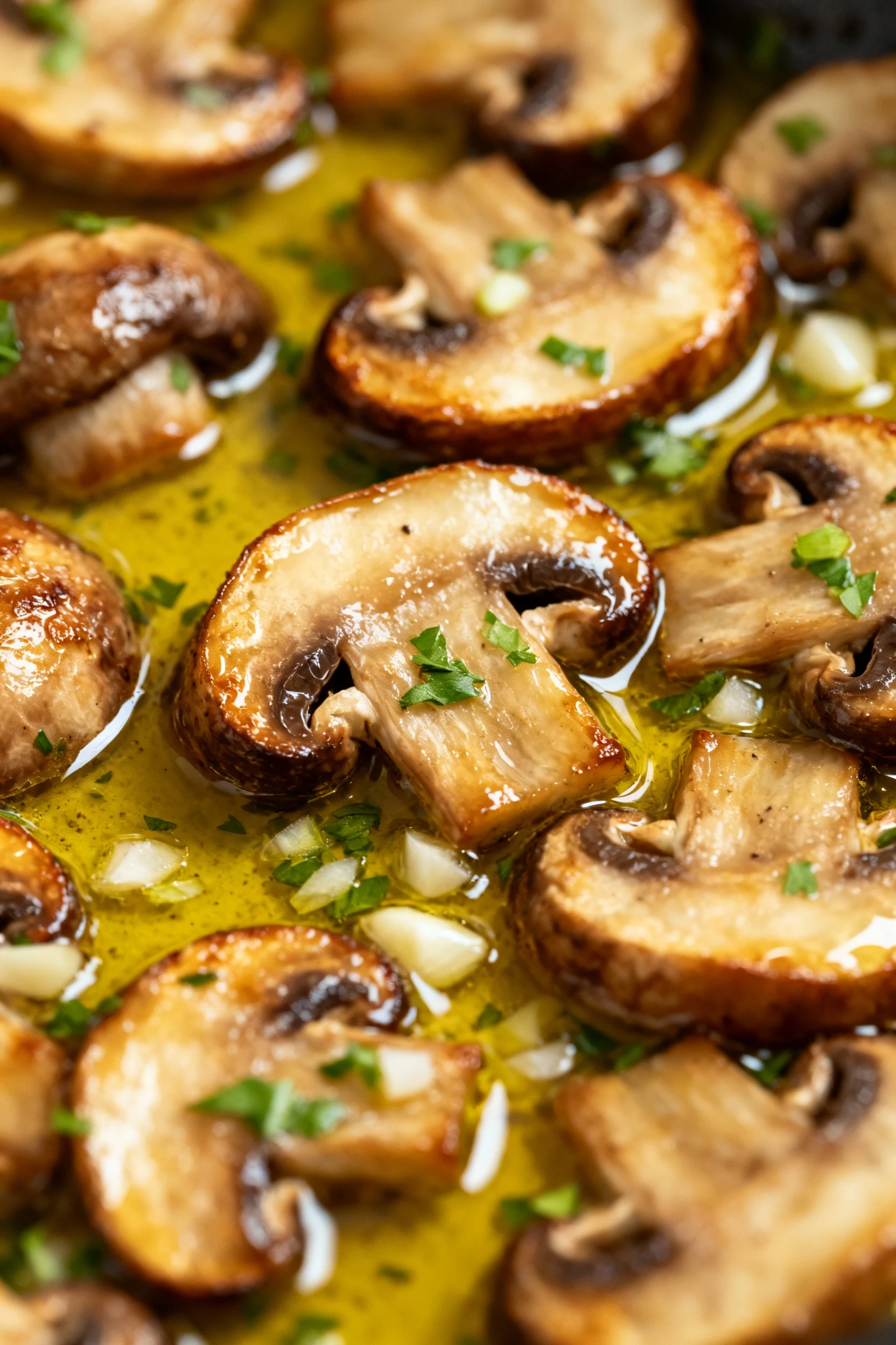 Close-up detail of golden-browned sliced cremini and shiitake mushrooms glistening in melted butter and olive oil, speck