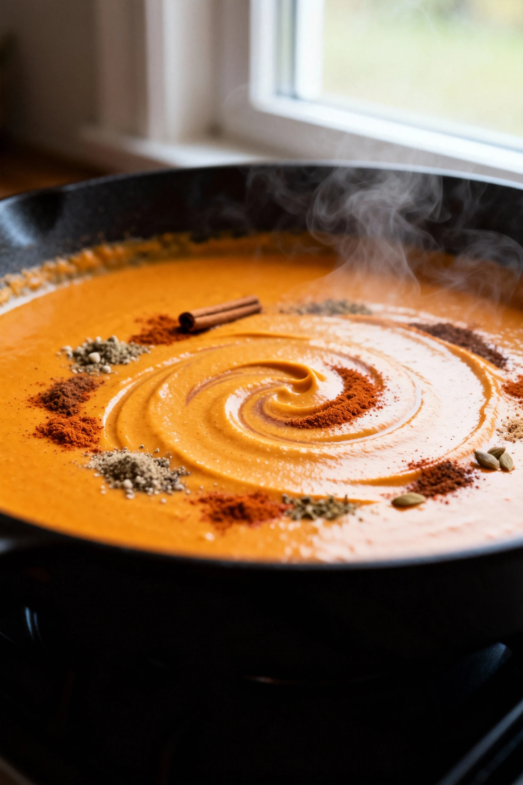 Close-up of velvety pumpkin coconut cream simmering in a skillet with cinnamon, nutmeg, and smoked paprika swirling thro