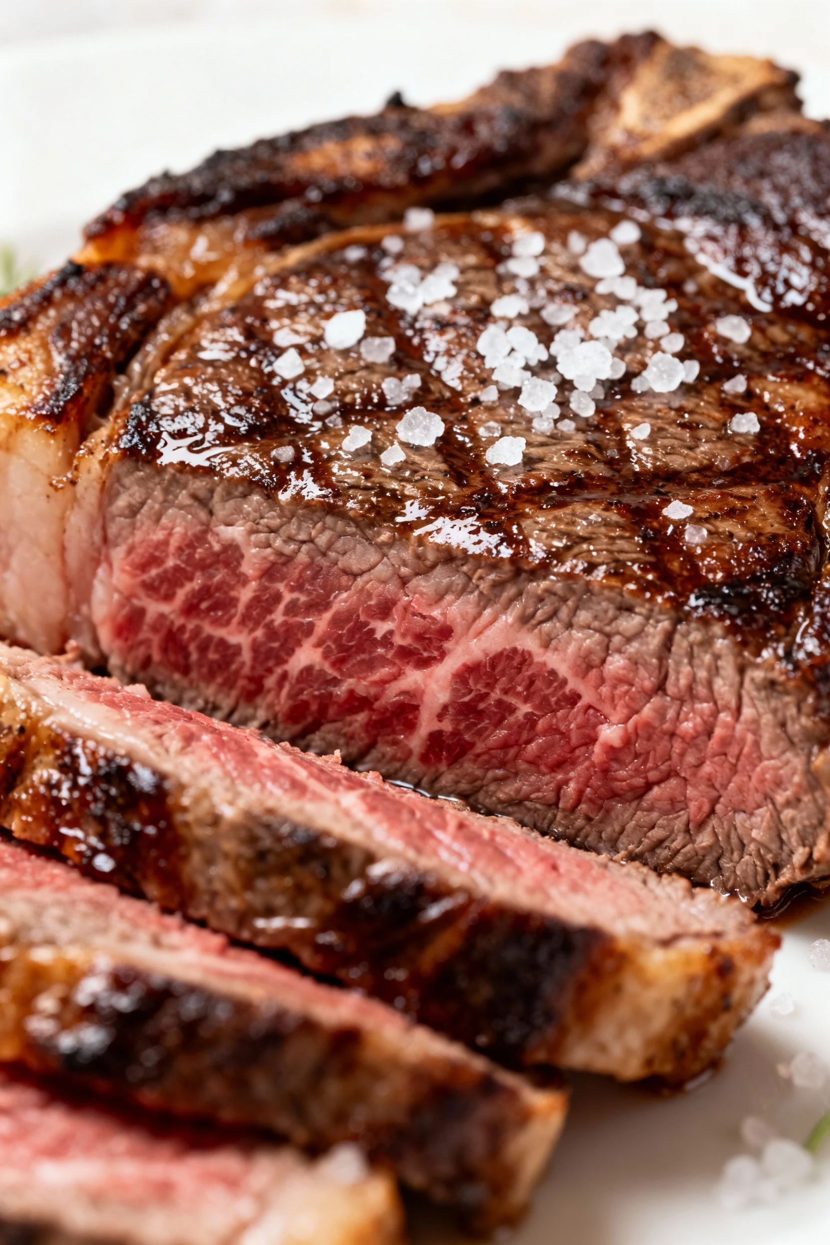 Close-up of medium-rare ribeye steak just off the skillet, with a glistening seared crust, visible marbling, and a sprin