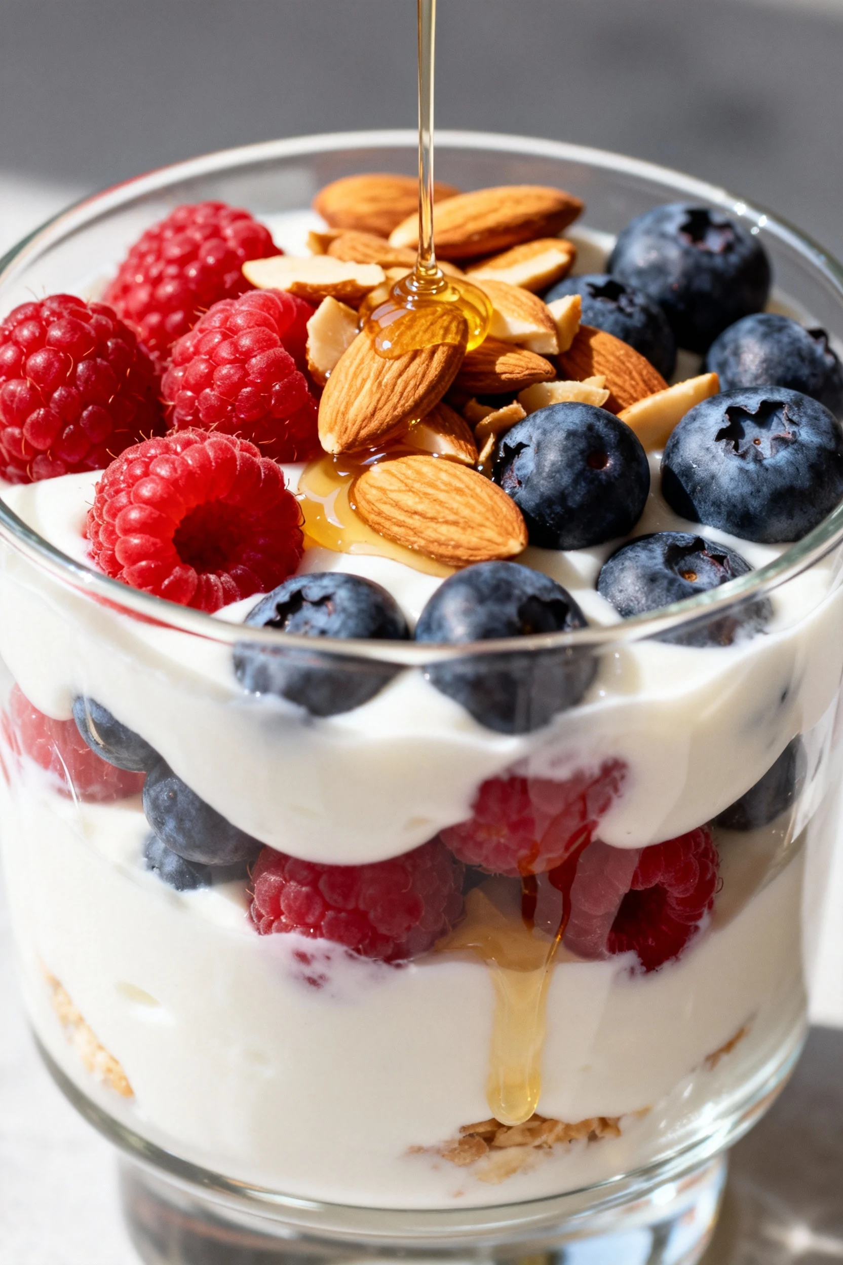 Close-up of a layered Greek yogurt parfait with creamy white yogurt, vibrant red raspberries, deep blue blueberries, and