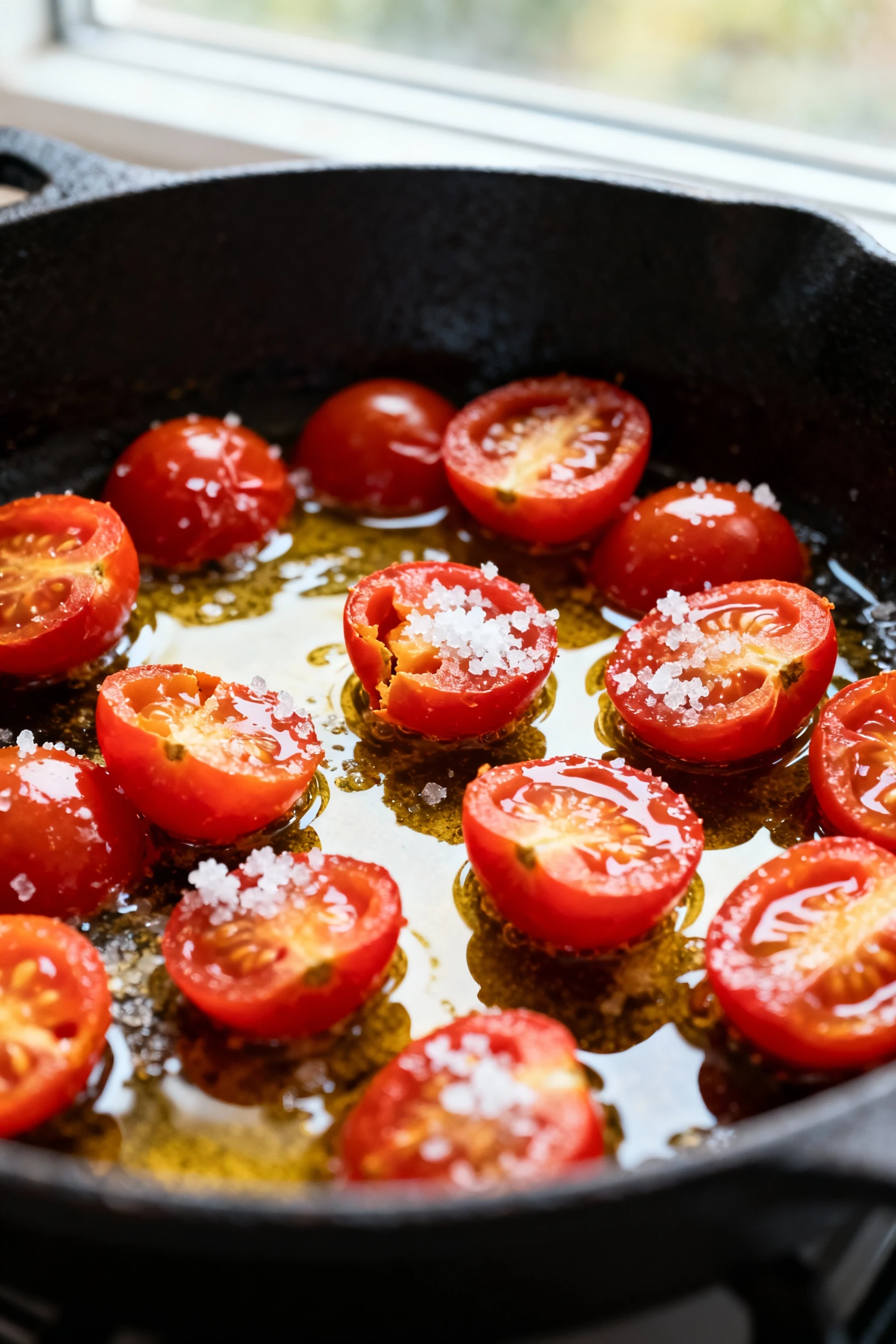 1. Close-up of burst cherry tomatoes sizzling in a cast-iron skillet, split skins and glossy juices with a light olive o