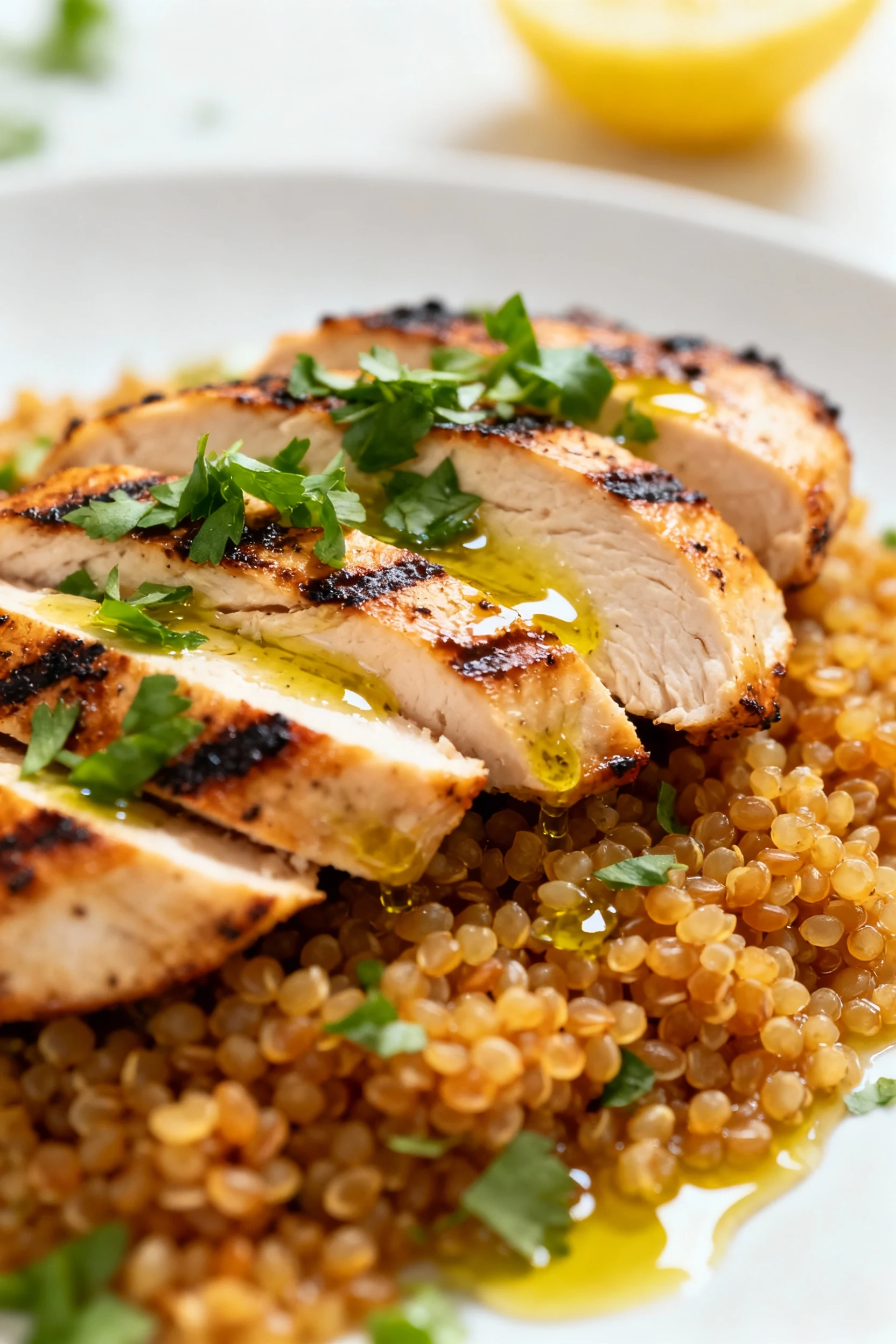 Close-up detail of grilled chicken breast slices layered over a warm quinoa base, topped with finely chopped fresh herbs