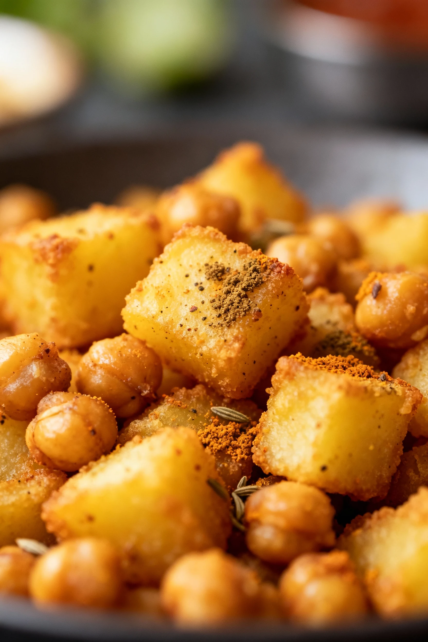 Close-up of golden, crispy chickpea-batter-coated potato cubes fresh from the fryer, sprinkled with garam masala and cha