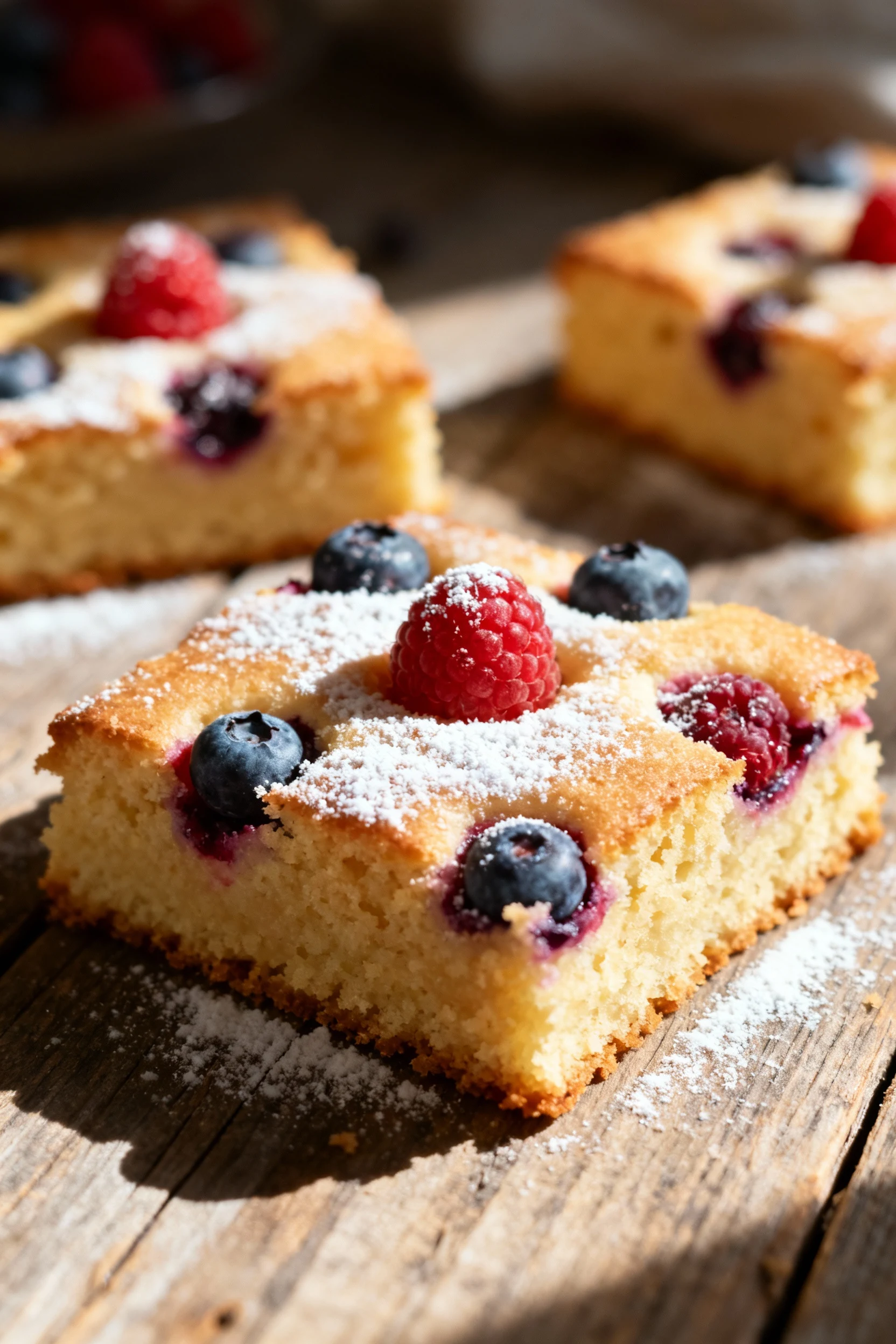Close-up of golden-brown baked squares topped with fresh berries and a light dusting of powdered sugar, shallow depth of