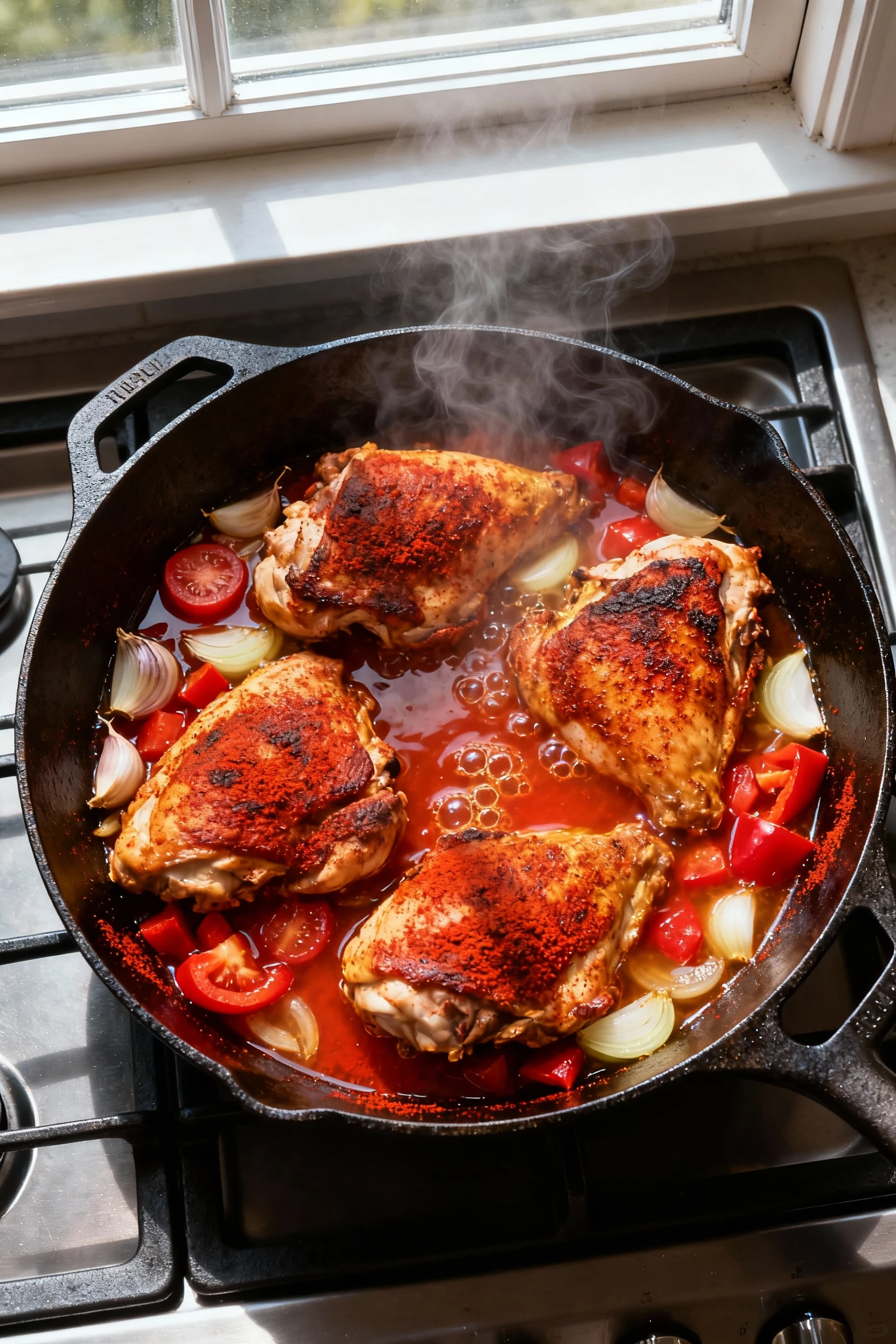 Overhead cooking process shot: Smoky Paprika chicken thighs flipped skin-side up in a cast-iron skillet, nestled around 