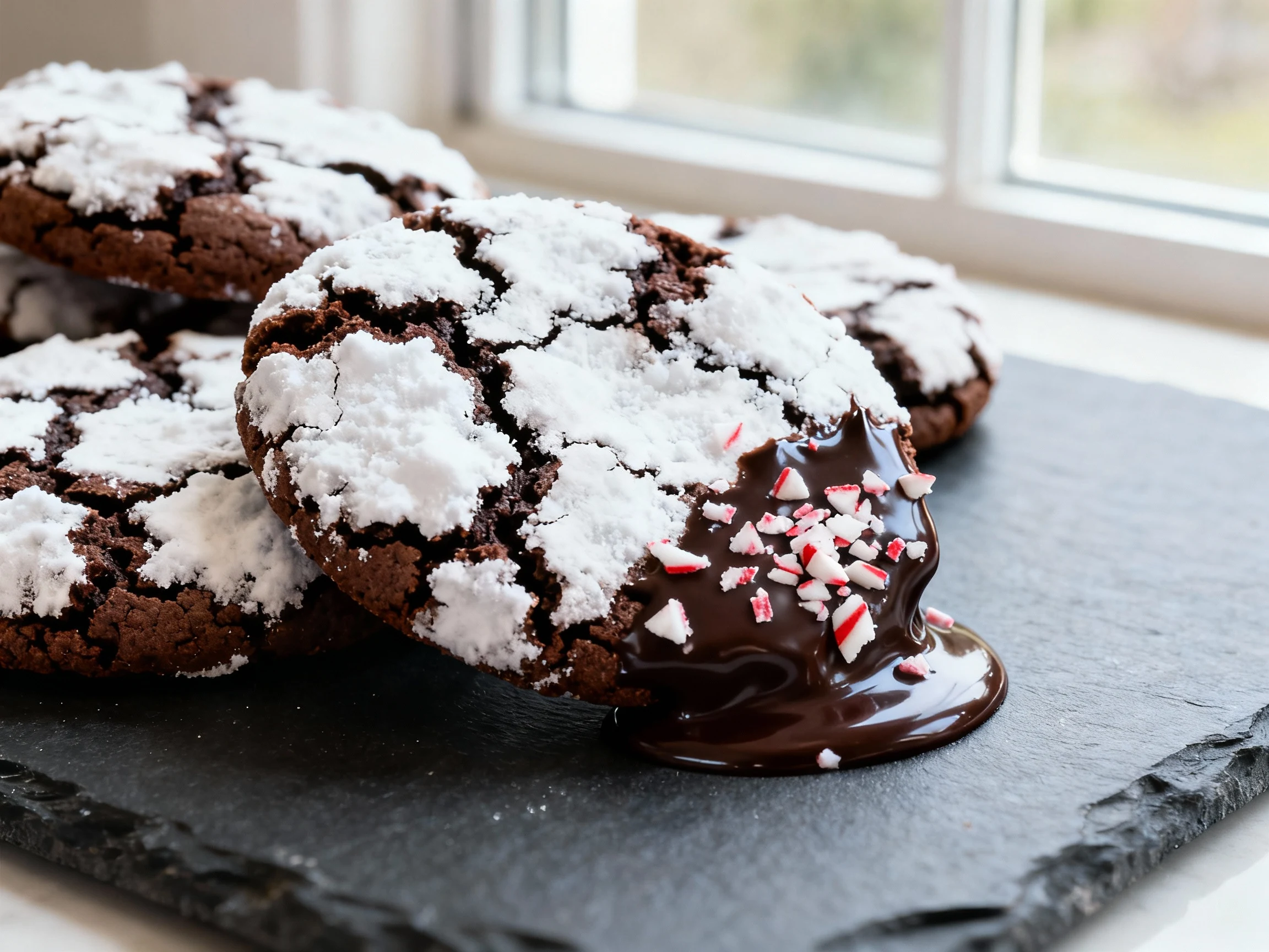 Food photography, Close-up of chocolate peppermint crinkles, freshly baked with deep cocoa crackled tops and thick snowy