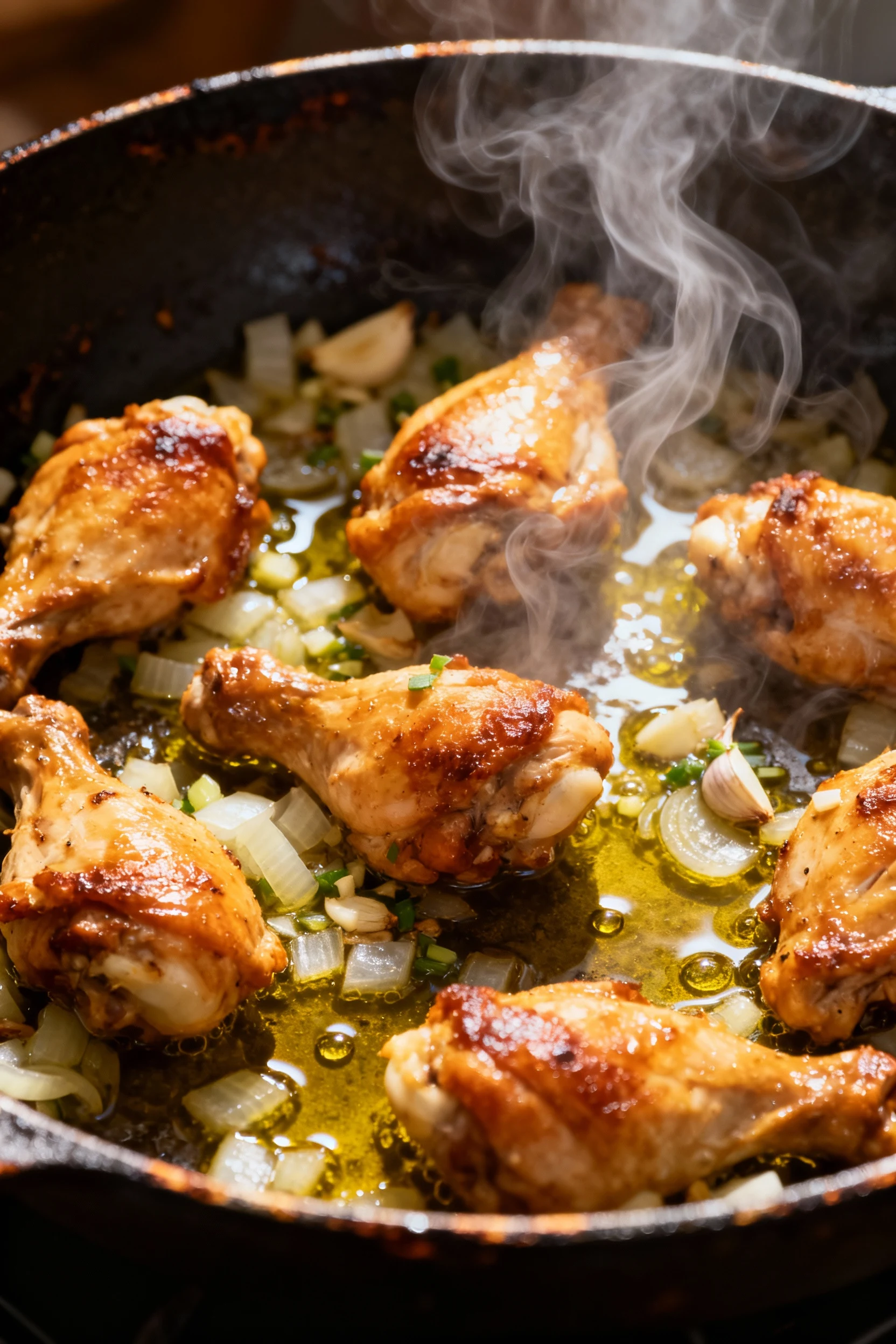 Close-up of golden-brown chicken chunks sizzling in a skillet with glistening olive oil, diced onion, and minced garlic 