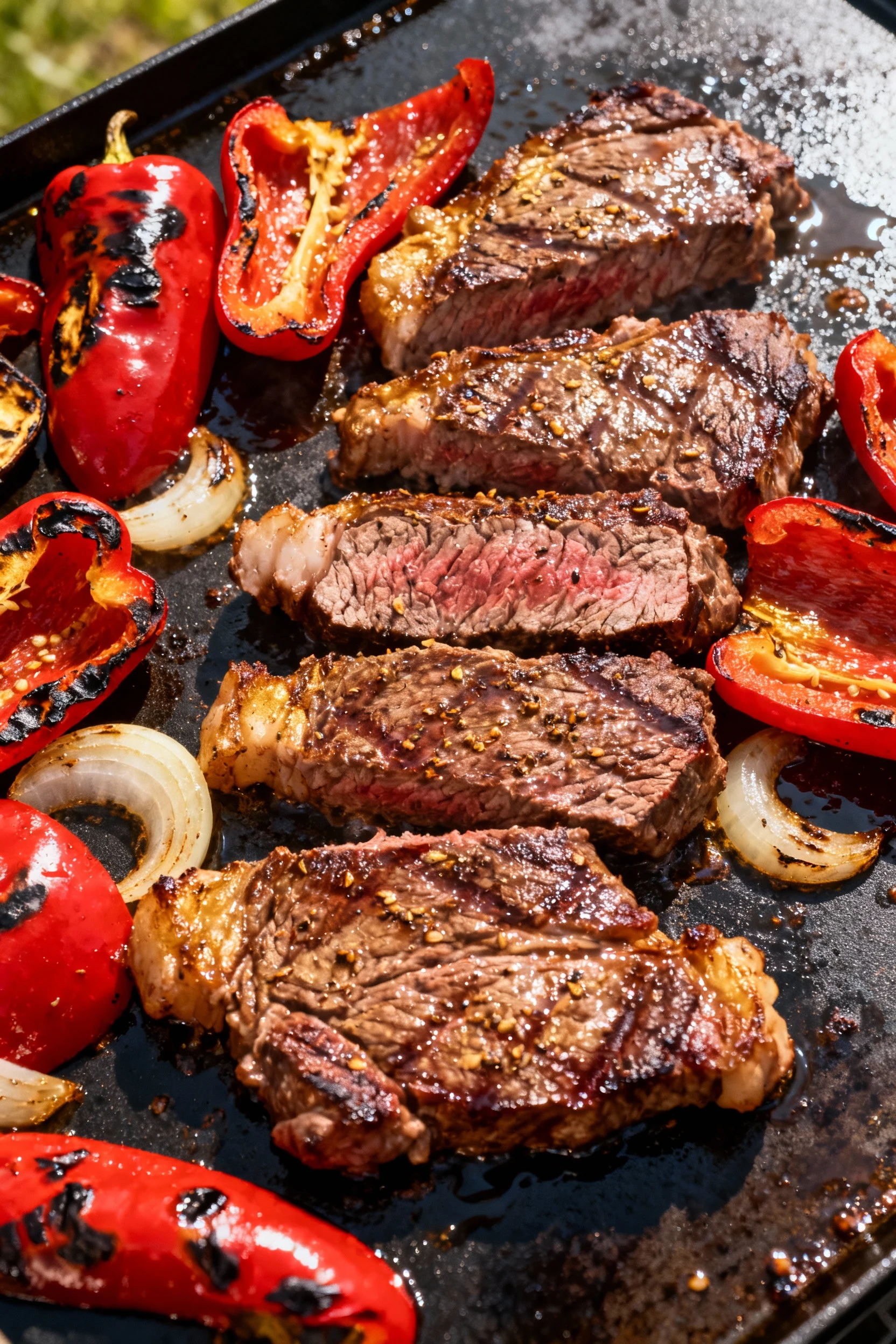 Overhead shot of sizzling ribeye slices mingled with charred bell peppers and onions on the Blackstone griddle, glisteni