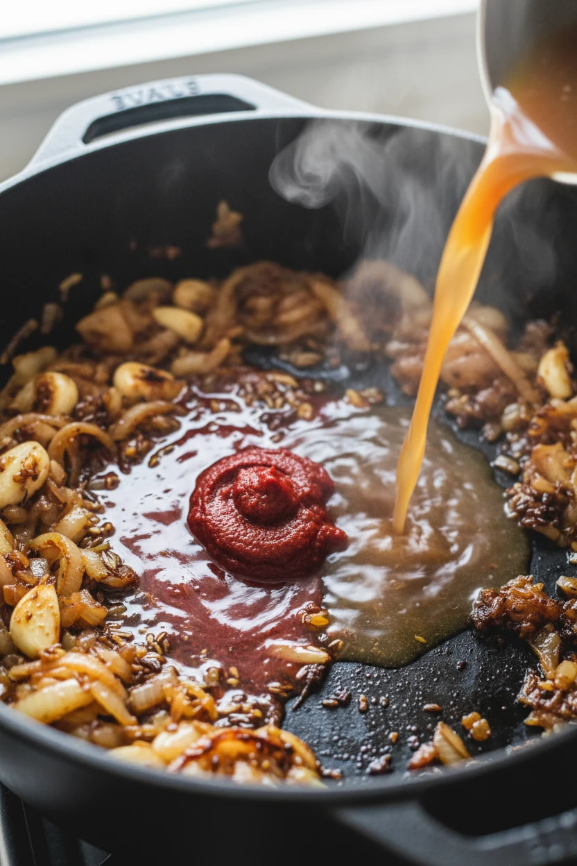 Close-up of paprika-bloomed onions, garlic, caraway, and a touch of tomato paste being deglazed with beef broth in a Dut