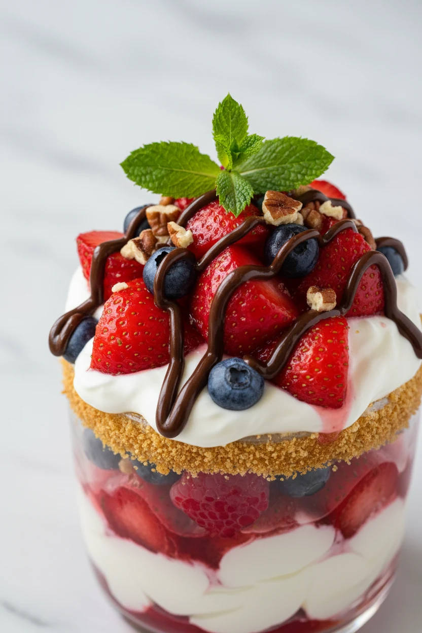 Close-up of the parfait top: glossy macerated strawberries, blueberries, and raspberries over silky 70/30 cream–Greek yo