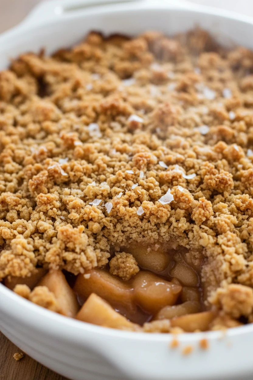 Close-up of crackly oat crumble atop brown butter apple crisp — golden clusters with cinnamon specks and flaky salt, jam