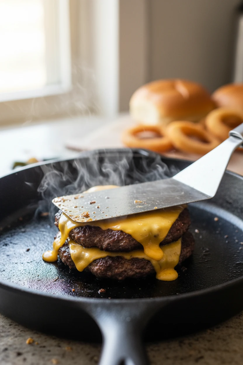 Cooking process: smash burger double stack—two 2 oz 80/20 patties on ripping-hot cast iron, lacy edge crisp and deep Mai