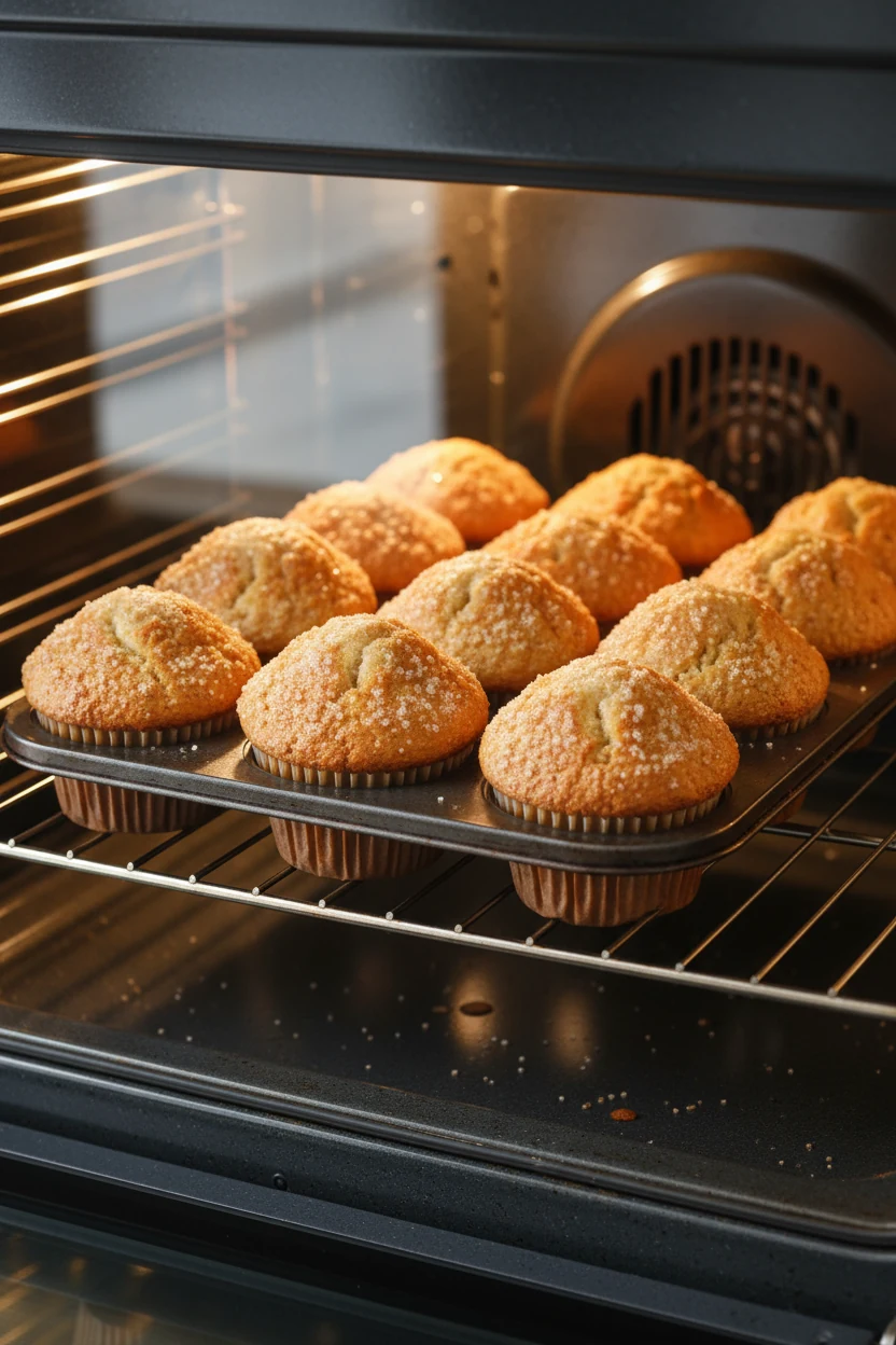 Muffins rising in a lined 12-cup tin during the hot-start blast bake (425°F to 350°F), tall golden domes forming, cups f