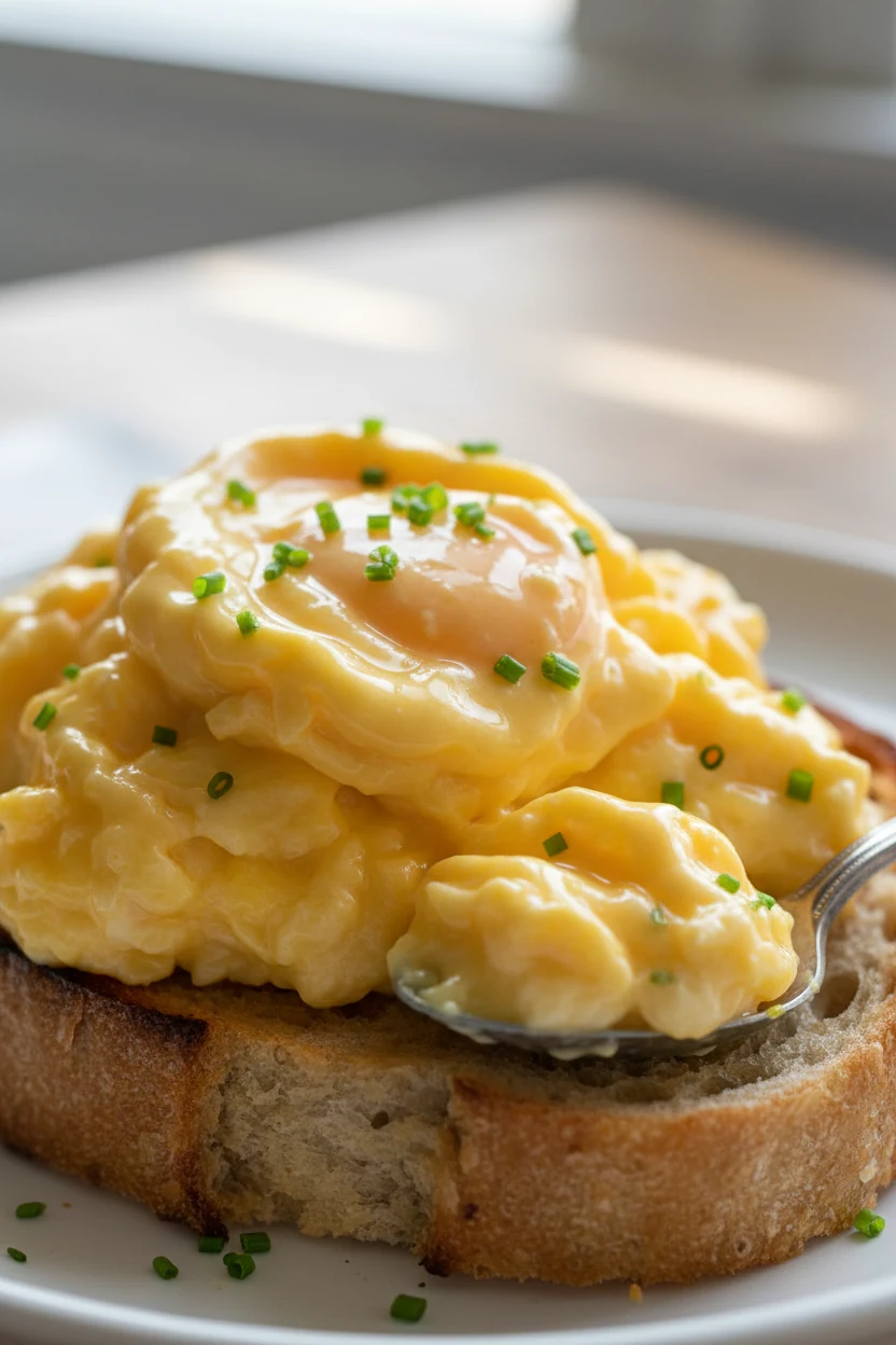 Macro close-up of soft, custardy scrambled eggs just off heat—glossy silk folds, butter sheen, flecks of chives—spooned 