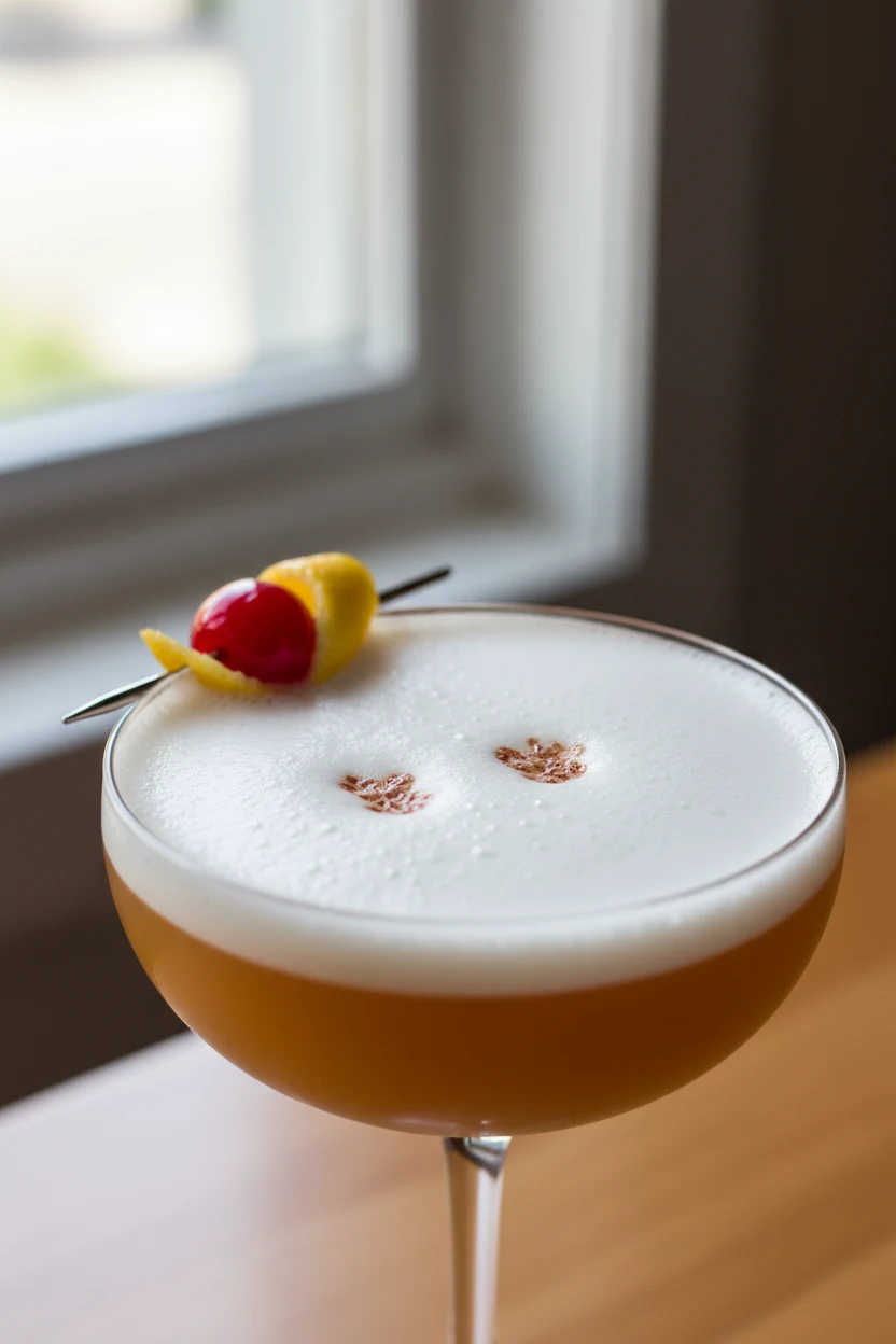 1. Close-up of classic Whiskey Sour with silky egg-white foam atop warm amber in a chilled coupe, micro-bubbles and two 