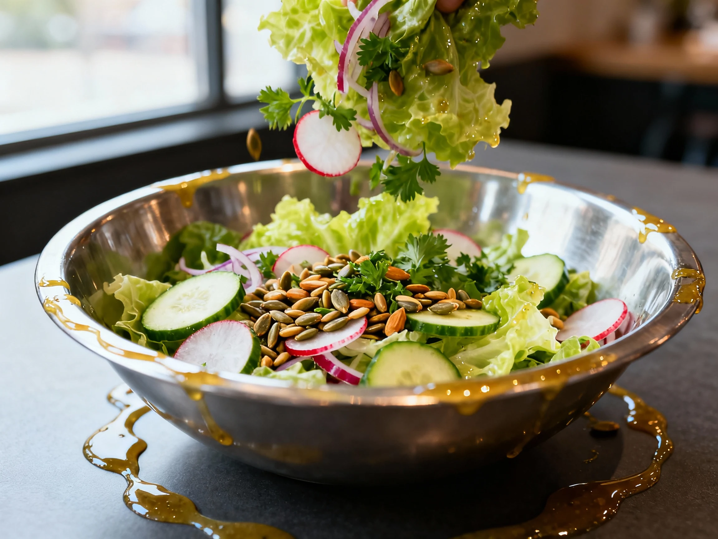 Food photography, Close-up of dressed mixed greens being lightly tossed; glossy master vinaigrette drizzled around the b