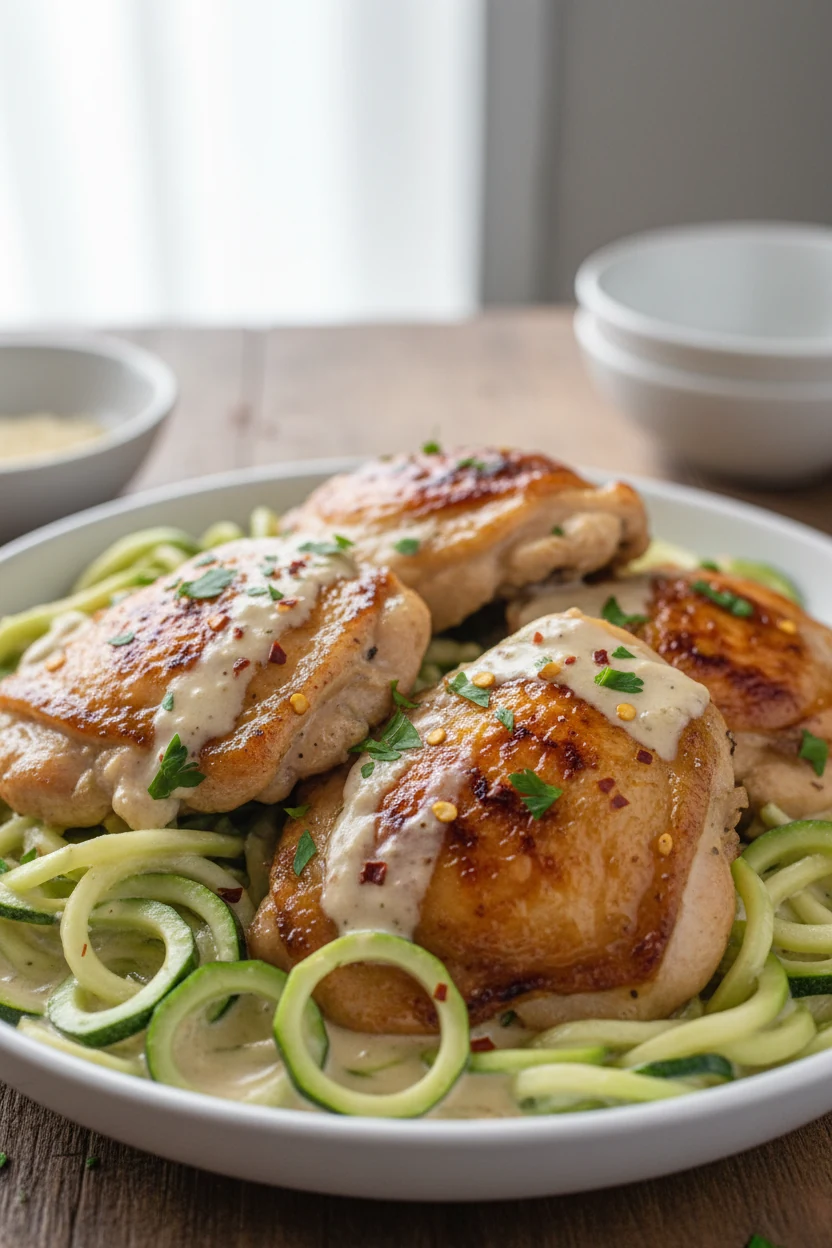 Close-up of golden-seared chicken thighs in creamy garlic–Parmesan sauce; glossy al dente zoodles, red pepper flakes, pa