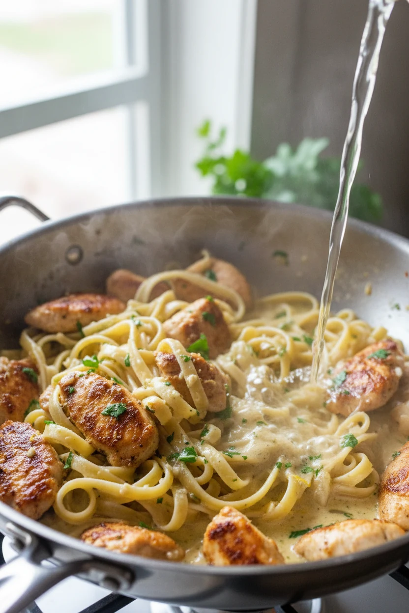 Cooking process: drained fettuccine and golden seared chicken tossed in a large skillet with lemon‑garlic cream, a splas