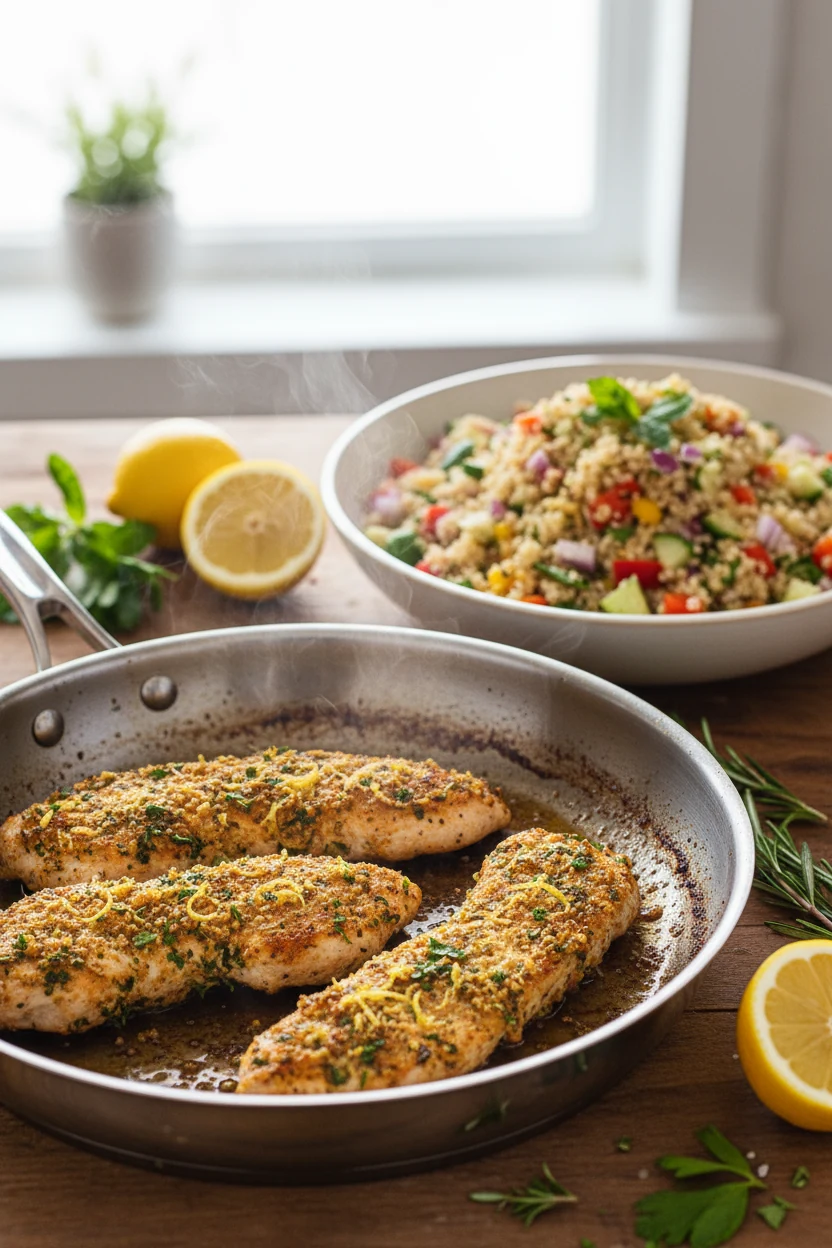 Cooking process: Lemon-Herb Chicken & Quinoa Veggie Bowl being prepared—seared lemon-zest-and-herb chicken strips in a l