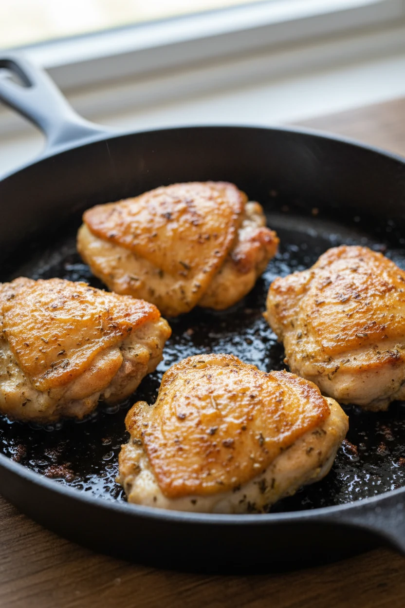 Close-up of golden-browned chicken thigh pieces searing in a 12-inch skillet, paprika-oregano crust, olive oil sheen, br